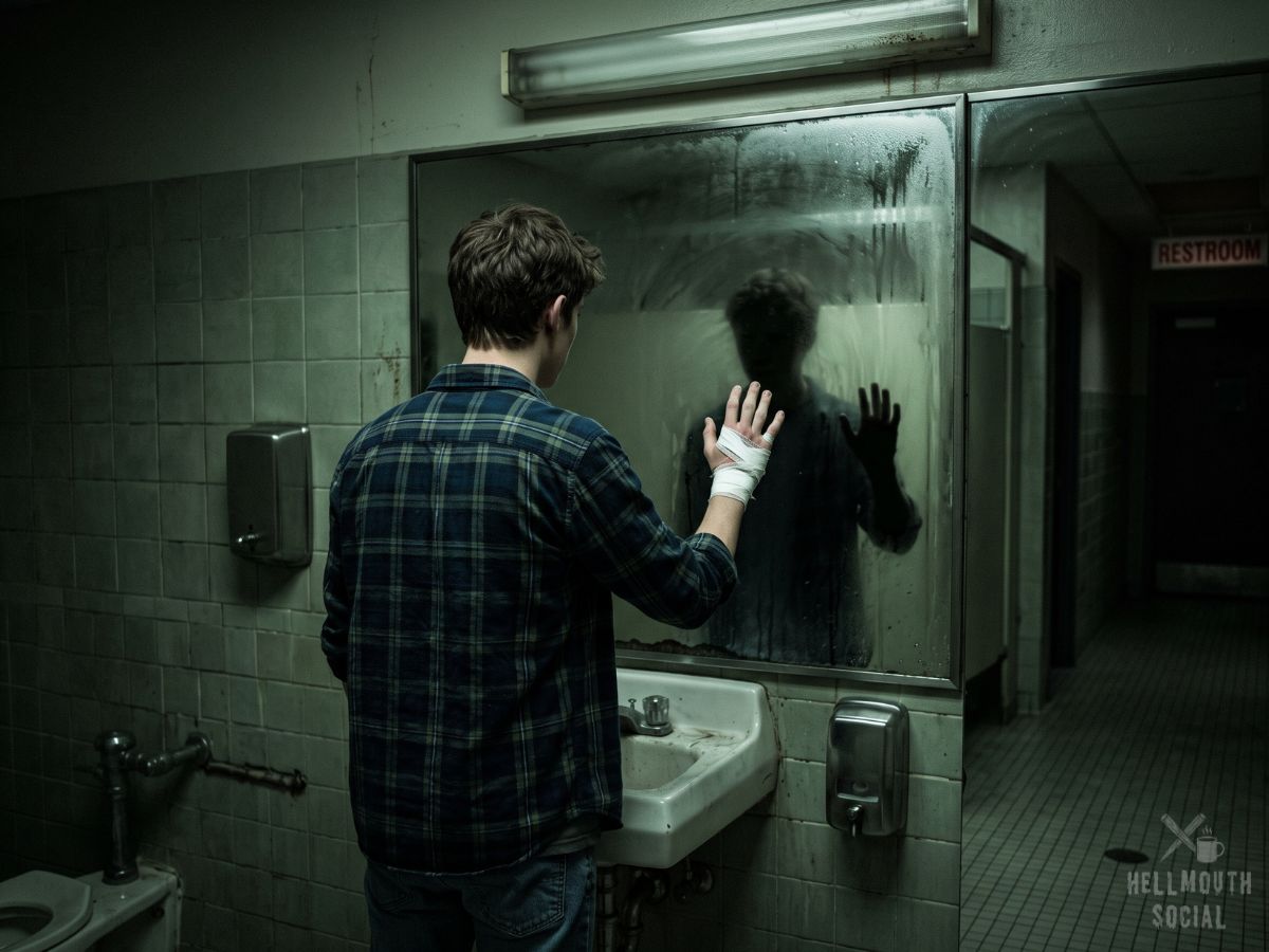 A teen in a plaid flannel shirt, seen from behind, facing a fogged bathroom mirror where a darker shadow-double looms in the reflection.