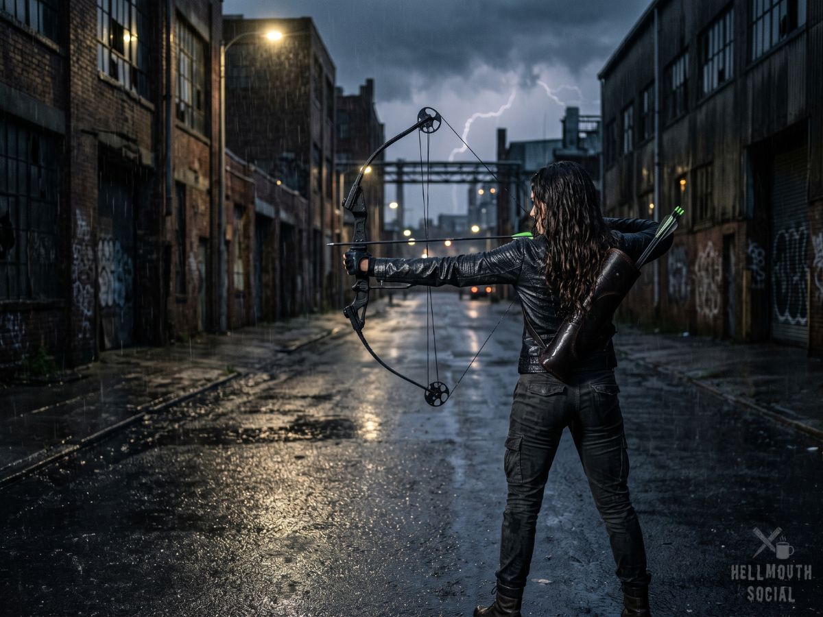 A woman in a black leather jacket, seen from behind, drawing a bow down a rain-soaked warehouse street at night.