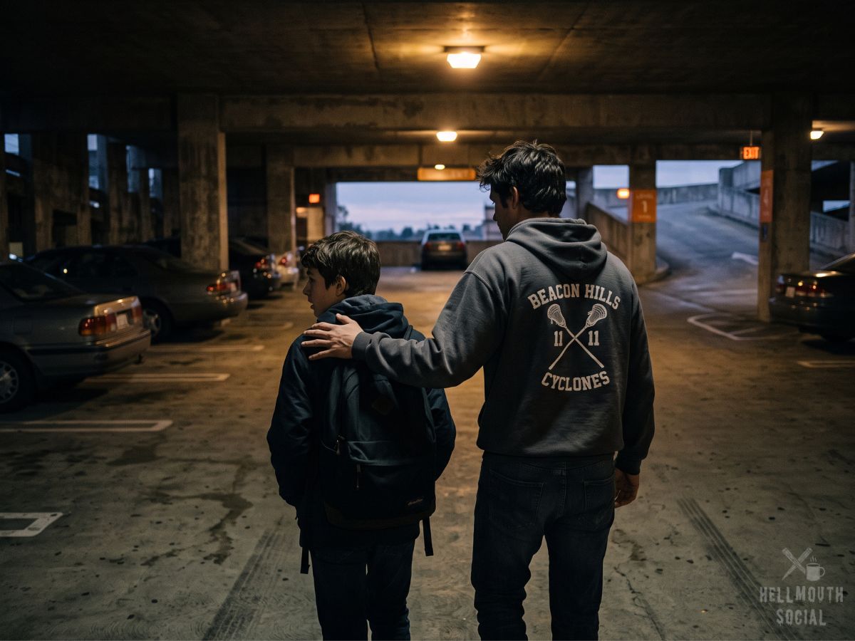 A young man in a lacrosse hoodie, seen from behind, resting a steadying hand on a shorter teen's shoulder in a dim concrete parking structure.