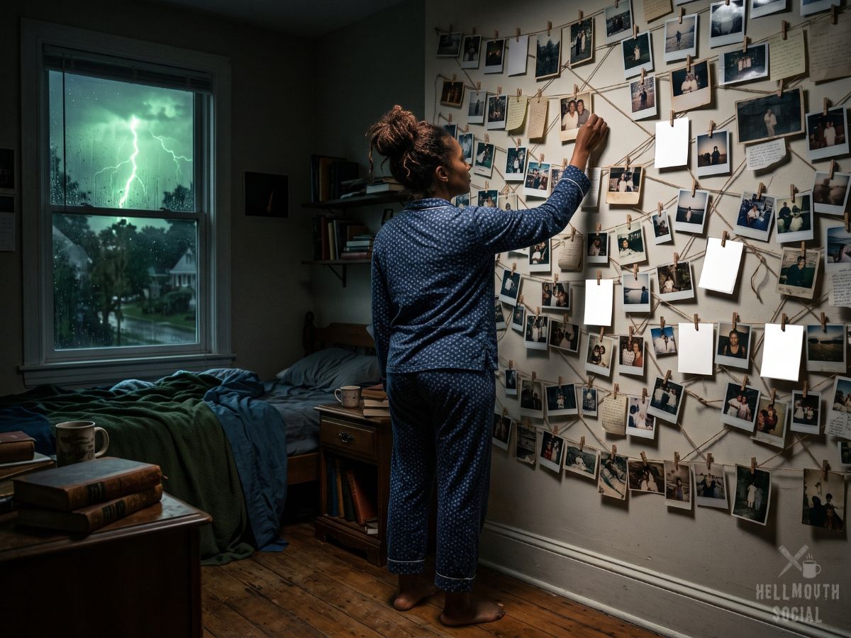 A woman in pajamas, seen from behind, pinning a photo to a wall of string-linked pictures, several of them erased to blank white.
