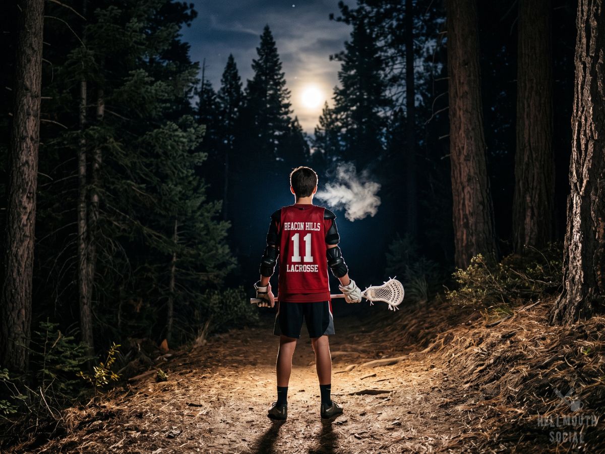A teen boy in a red lacrosse jersey, seen from behind, holding a stick on a floodlit forest trail beneath a full moon.