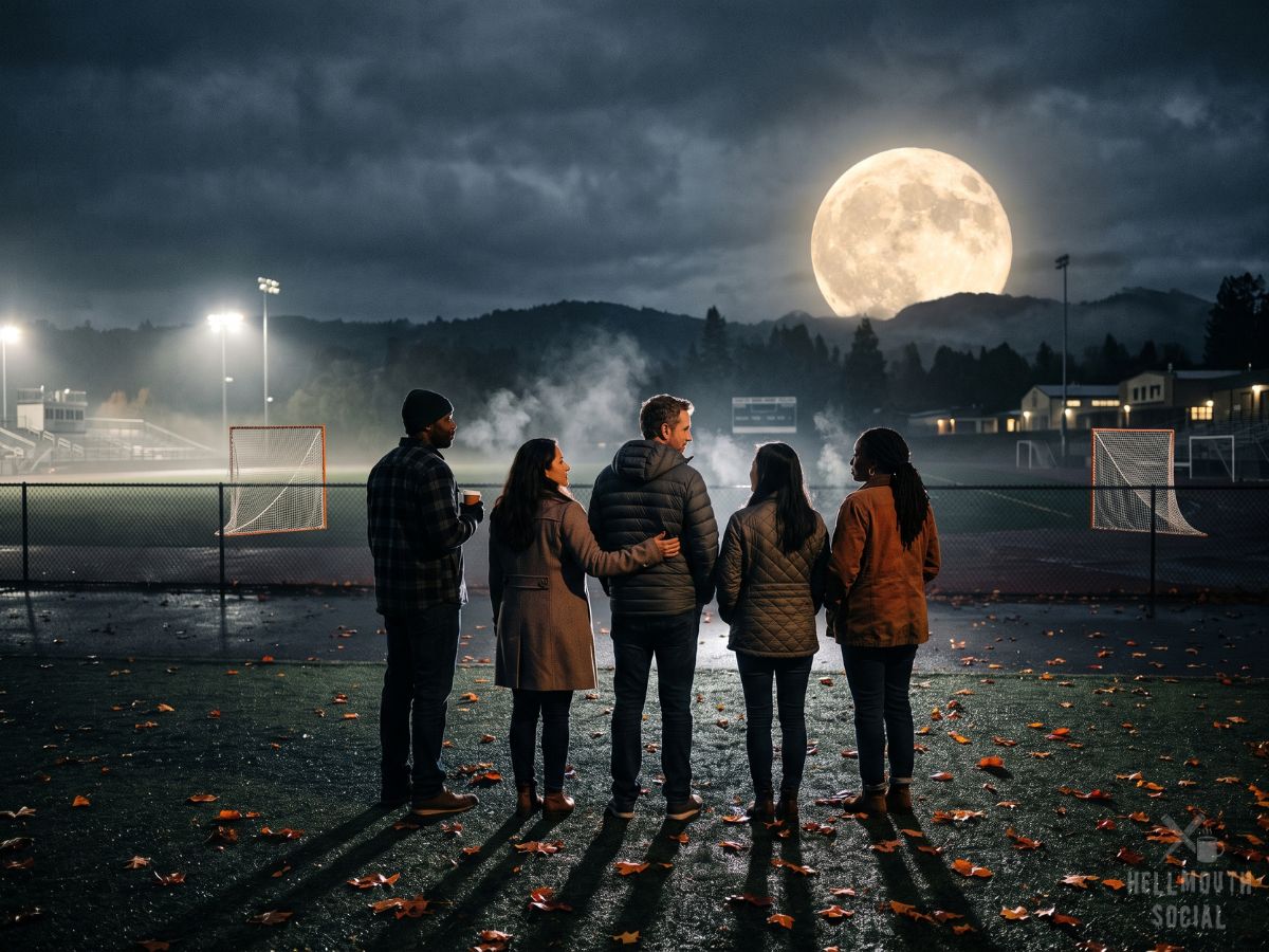 A group of friends in autumn jackets, seen from behind, standing shoulder to shoulder on a floodlit lacrosse field facing a large full moon.