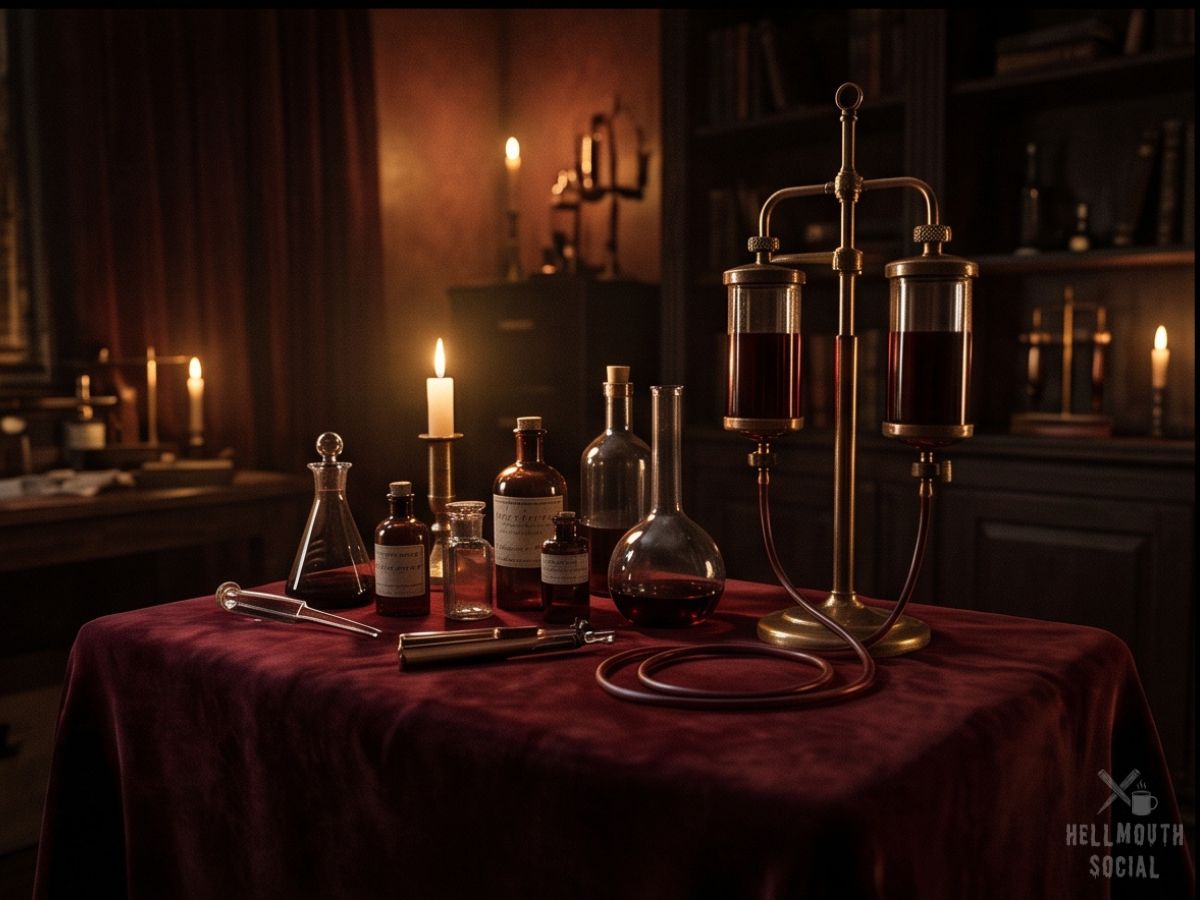Antique Victorian medical glassware and a brass transfusion apparatus on a velvet-draped table.