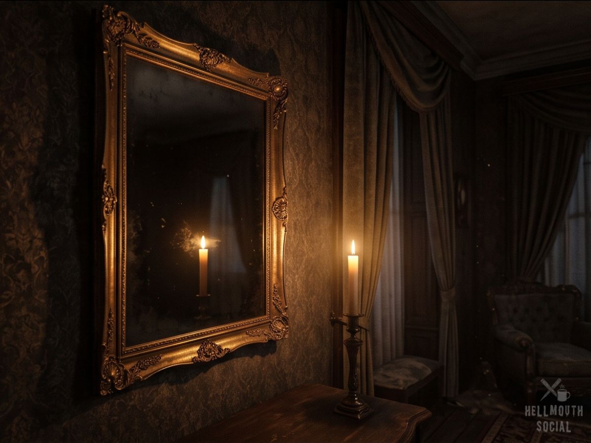 An ornate gilt Victorian mirror reflecting only candlelight and an empty shadowed room. 