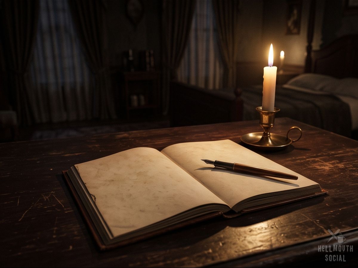 Close-up of an open leather diary with handwritten entries beside a lit candle and fountain pen.