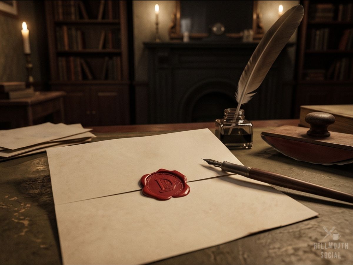 A sealed Victorian letter with cursive handwriting, a quill, and an inkwell on a gaslit writing desk.