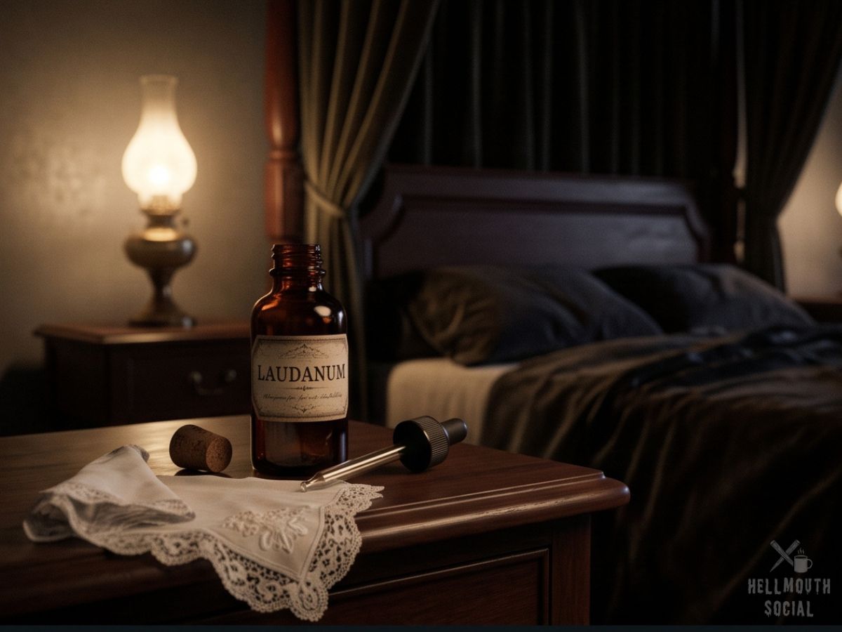 A small brown apothecary bottle labeled Laudanum with a glass dropper on a Victorian nightstand.