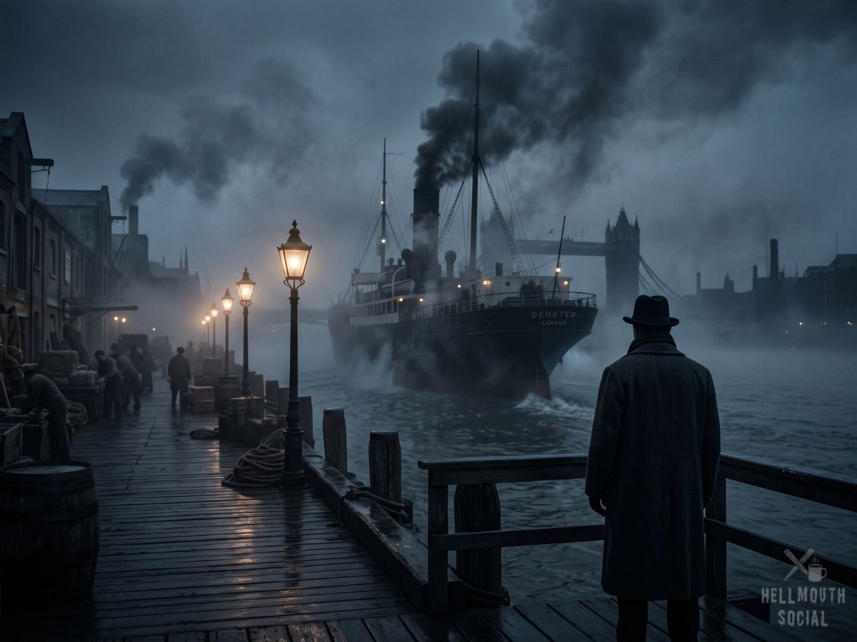 A Victorian steamship departing a foggy London dock at dusk, with a solitary figure watching from behind.