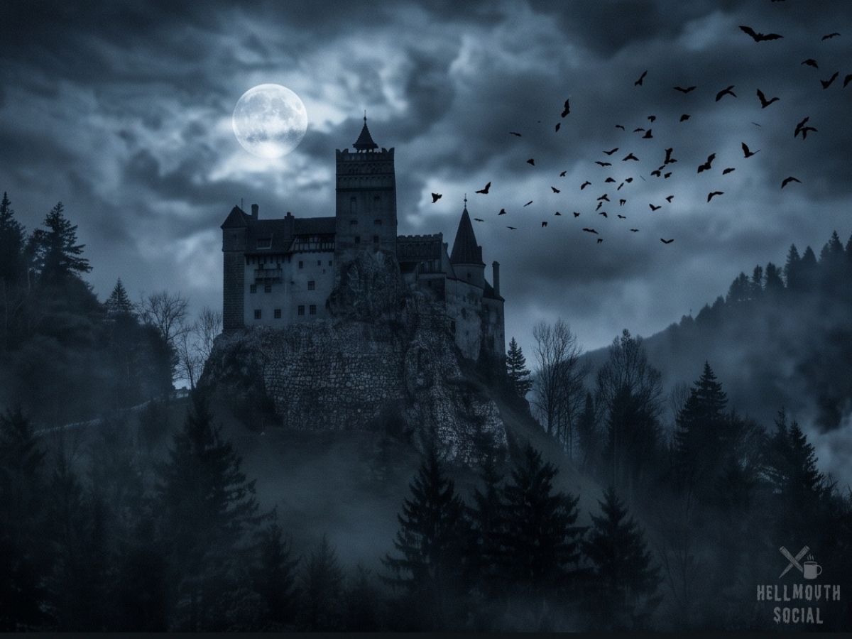 A misty gothic castle silhouette at night with bats scattering across a moonlit sky above a dark forest.