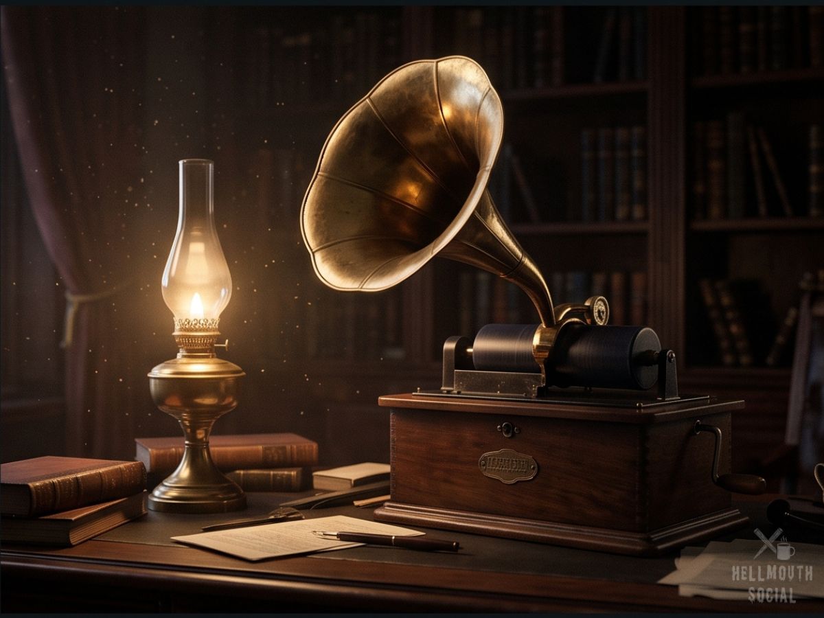 An antique brass-horned wax cylinder phonograph on a mahogany desk in a dim study.