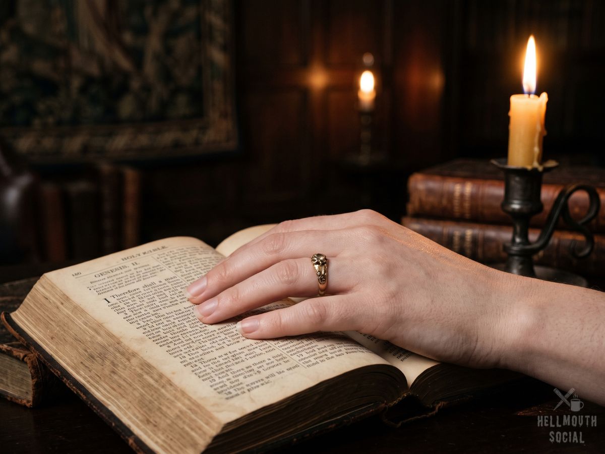 A close-up of a woman’s hand wearing a Victorian gold wedding ring resting on an open Bible beside a candle.