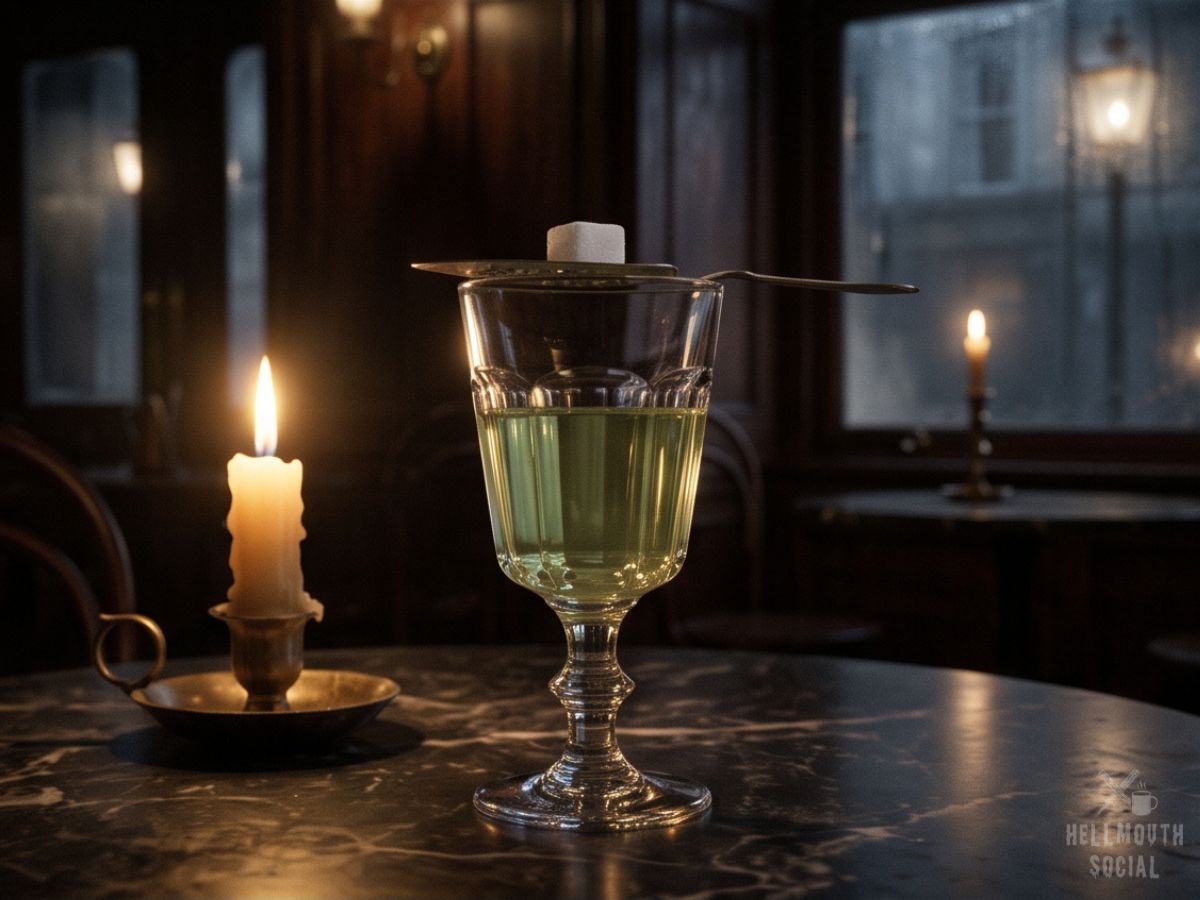 A crystal glass of pale green absinthe with a sugar cube and slotted spoon on a marble table.