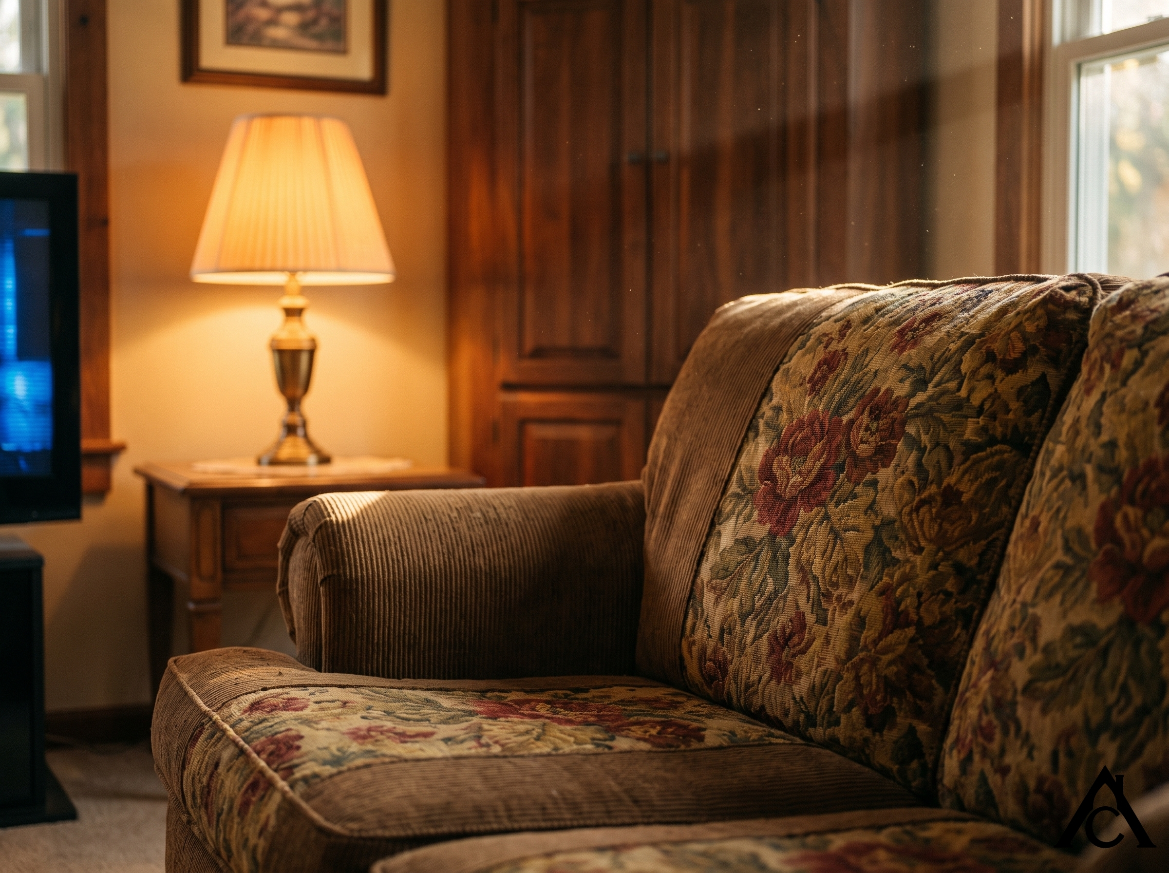 a vintage living room sofa fabric showing a mix of woven floral tapestry and corduroy textures, illuminated by the soft amber glow of a table lamp and a faint, flickering television light off-screen a vintage living room sofa fabric showing a mix of woven floral tapestry and corduroy textures, illuminated by the soft amber glow of a table lamp and a faint, flickering television light off-screen