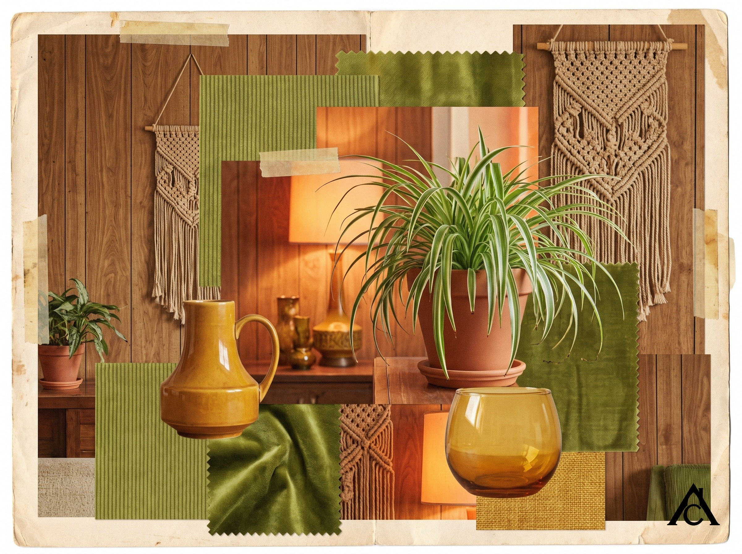 editorial collage of 1970s interior elements: wood-paneled wall textures, avocado green fabric swatches, harvest gold accents, macrame hangings, and a spider plant in a terracotta pot editorial collage of 1970s interior elements: wood-paneled wall textures, avocado green fabric swatches, harvest gold accents, macrame hangings, and a spider plant in a terracotta pot