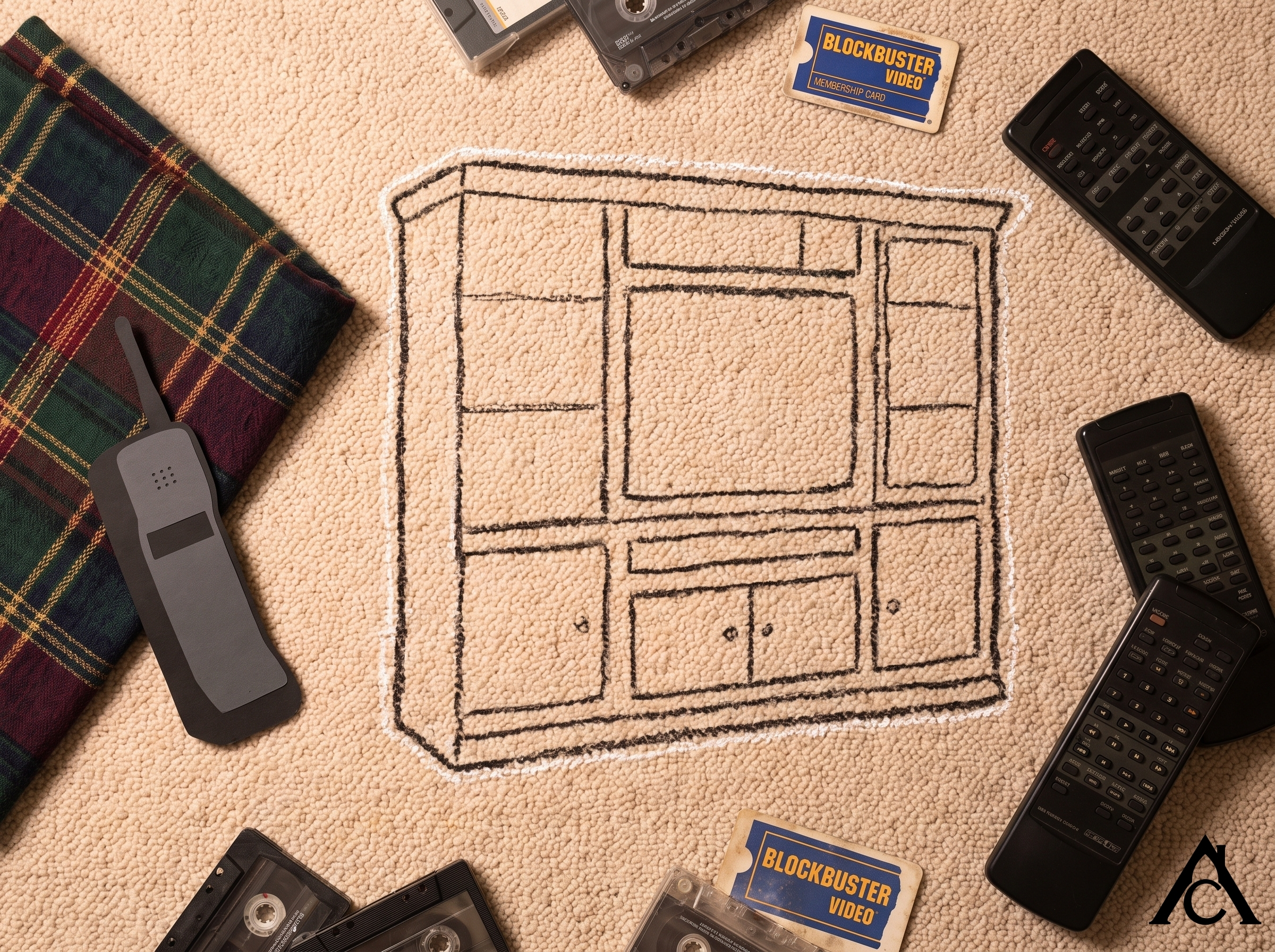 nostalgic 1990s living room flat-lay composition showing an oversized honey-oak entertainment center outline, a deep hunter-green and burgundy fabric swatch, a cordless landline phone silhouette, and several scattered remote controls on a beige carpet background nostalgic 1990s living room flat-lay composition showing an oversized honey-oak entertainment center outline, a deep hunter-green and burgundy fabric swatch, a cordless landline phone silhouette, and several scattered remote controls on a beige carpet background