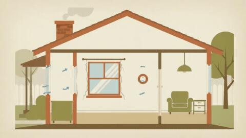 infographic cross-section diagram of a 1970s suburban home envelope on a muted cream background, highlighting thick floor-length window drapery and a generic thermostat dial infographic cross-section diagram of a 1970s suburban home envelope on a muted cream background, highlighting thick floor-length window drapery and a generic thermostat dial