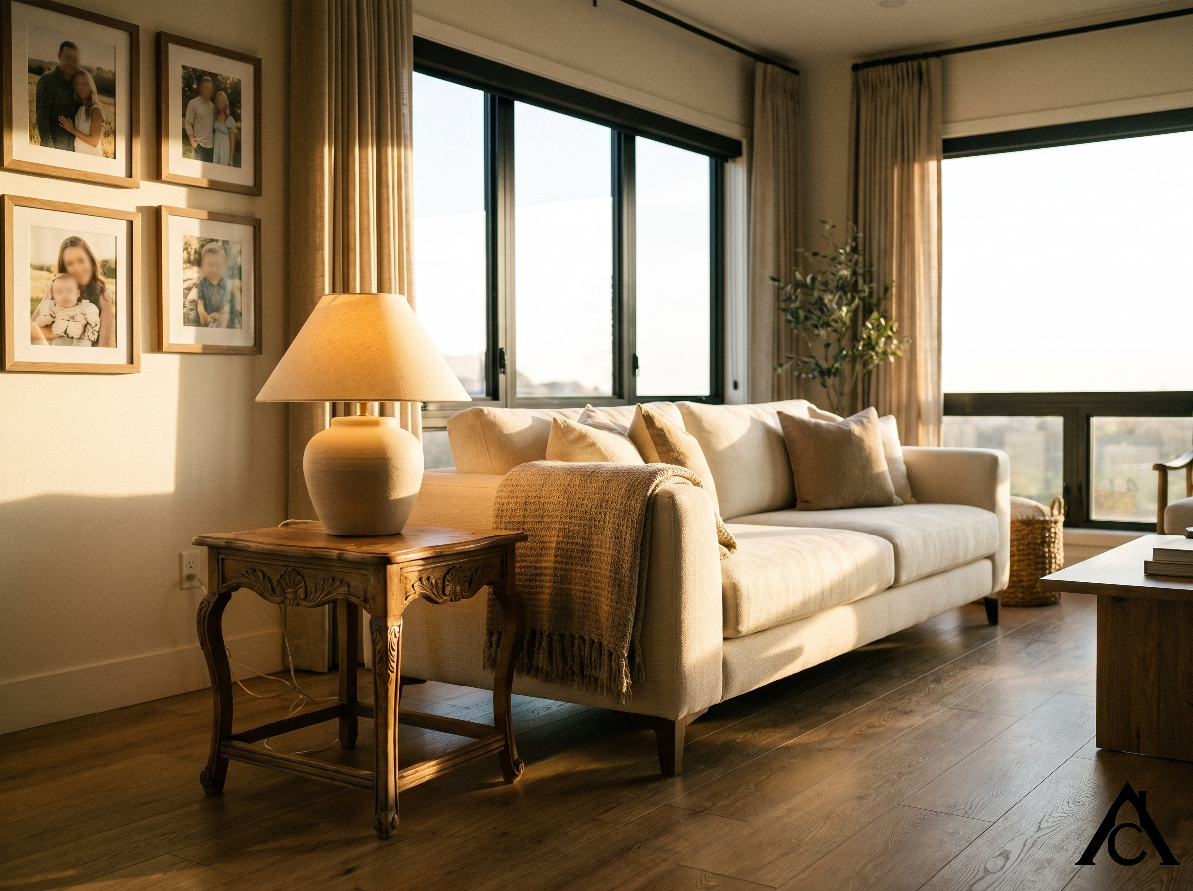 a modern living room bathed in golden late-afternoon light, featuring a contemporary cream sofa paired with an authentic vintage carved-wood side table, a folded handmade throw blanket, a ceramic lamp casting a warm pool of light, and framed family photos with soft, indistinct faces a modern living room bathed in golden late-afternoon light, featuring a contemporary cream sofa paired with an authentic vintage carved-wood side table, a folded handmade throw blanket, a ceramic lamp casting a warm pool of light, and framed family photos with soft, indistinct faces
