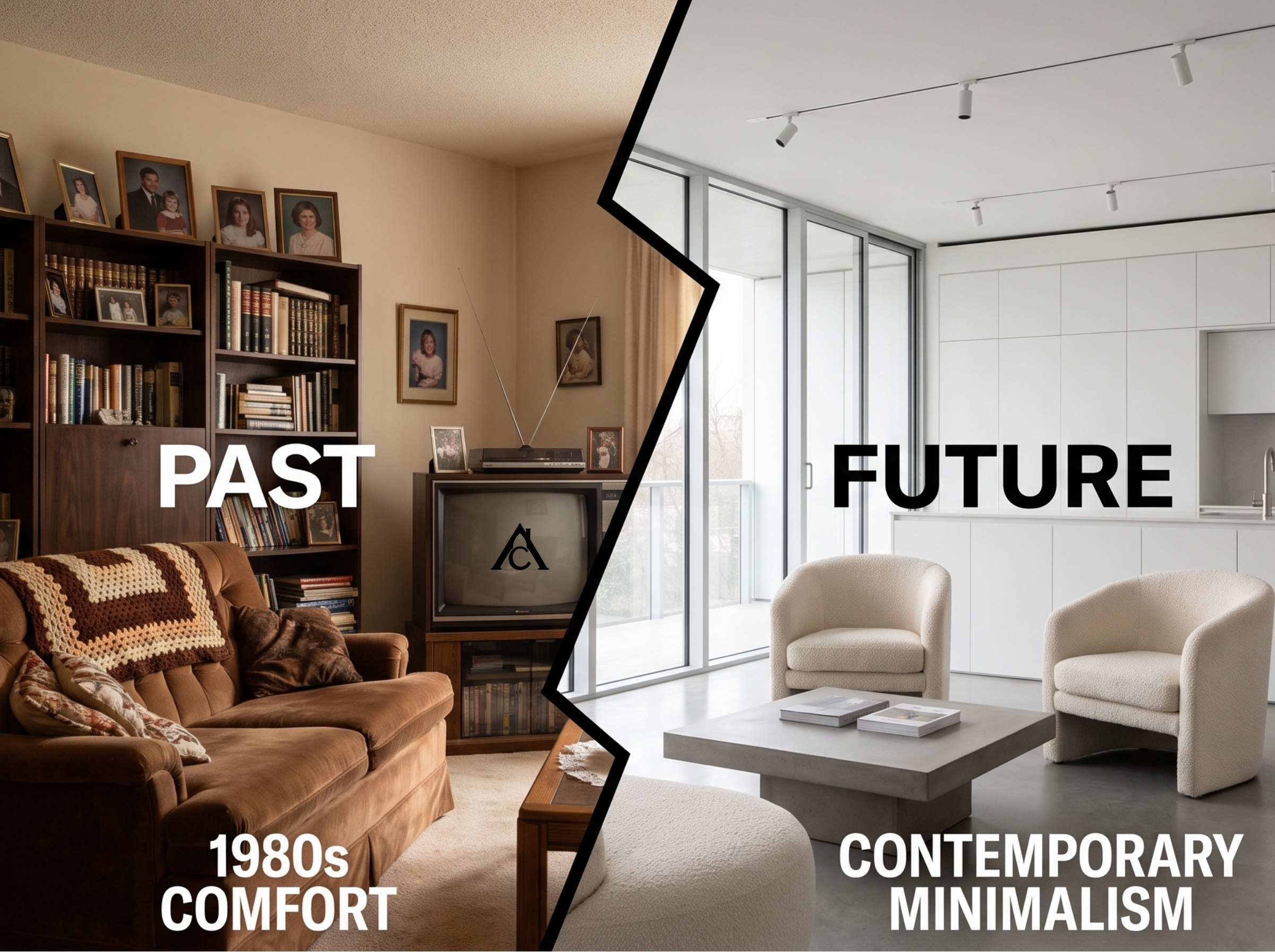 a split-panel conceptual graphic showing a warm, layered 1980s living room corner on the left with visible bookshelves and family photos, transitioning seamlessly into a stark, minimalist, perfectly styled contemporary open-concept room on the right with neutral bouclé furniture and hidden flush cabinets. a split-panel conceptual graphic showing a warm, layered 1980s living room corner on the left with visible bookshelves and family photos, transitioning seamlessly into a stark, minimalist, perfectly styled contemporary open-concept room on the right with neutral bouclé furniture and hidden flush cabinets.