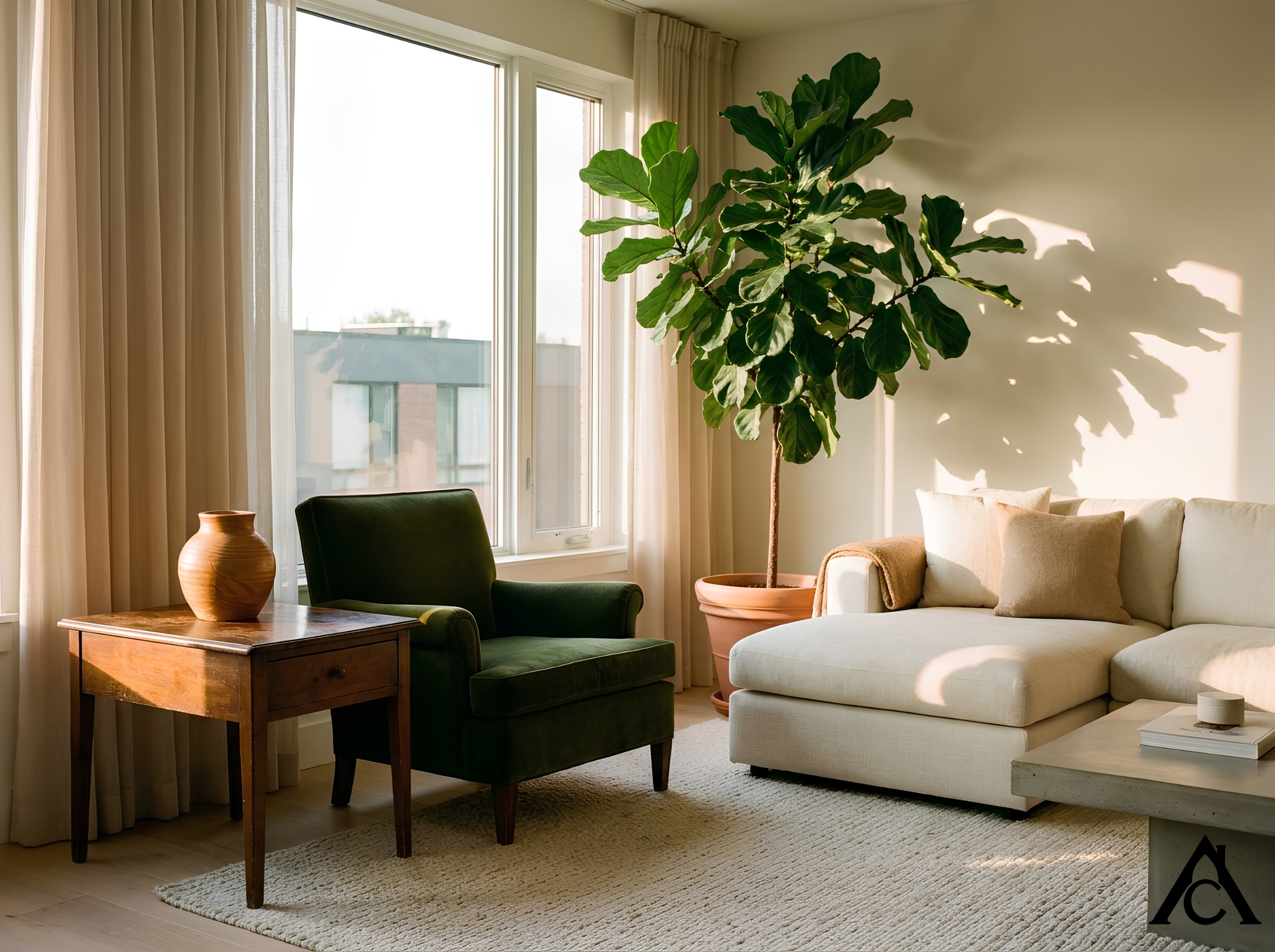 a contemporary living room that thoughtfully incorporates a few inherited or vintage-inspired elements — a walnut wood side table with visible age, a warm-toned handmade ceramic vase, a large healthy houseplant, and one deep-green upholstered accent chair — set against otherwise clean, modern furnishings in cream and warm neutrals.