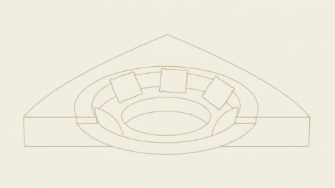 three cushion outlines fill in with a warm burnt-orange color one at a time, moving clockwise, and once all three are filled, a faint dotted arrow pulses gently inward toward the pit's center, then fades.