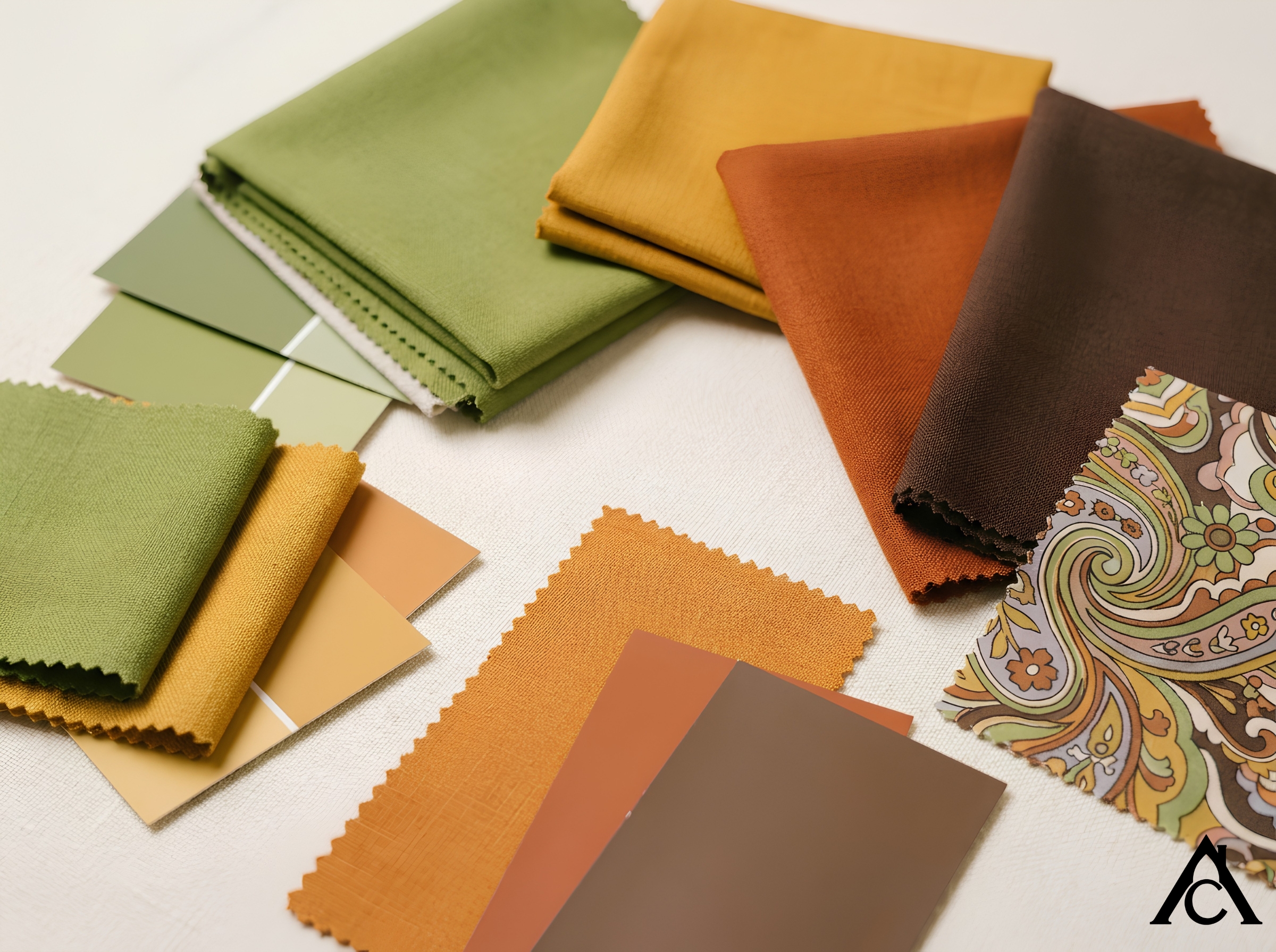 flat-lay editorial photograph of fabric and paint swatches arranged on a cream surface — avocado green, harvest gold, burnt orange, walnut brown, and one small swirling psychedelic-print fabric swatch tucked at the edge.