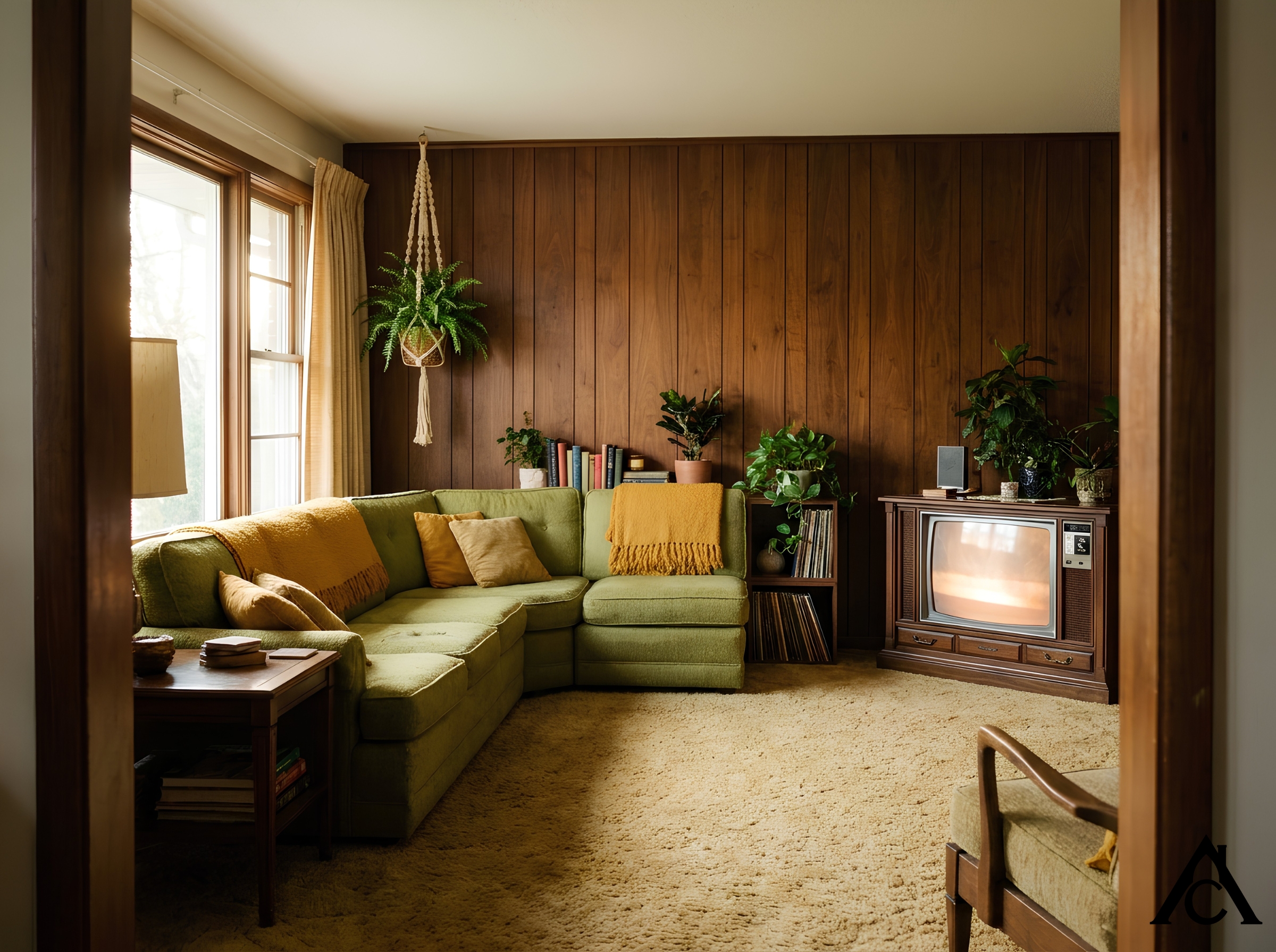 a lived-in 1970s living room interior, shot at eye level from a doorway. Warm walnut wood paneling on one wall, avocado-green and harvest-gold accent textiles, a shag carpet in muted gold, a wood-cabinet television glowing softly, a macramé plant hanger by a sunlit window. Soft late-afternoon natural light, restrained film grain