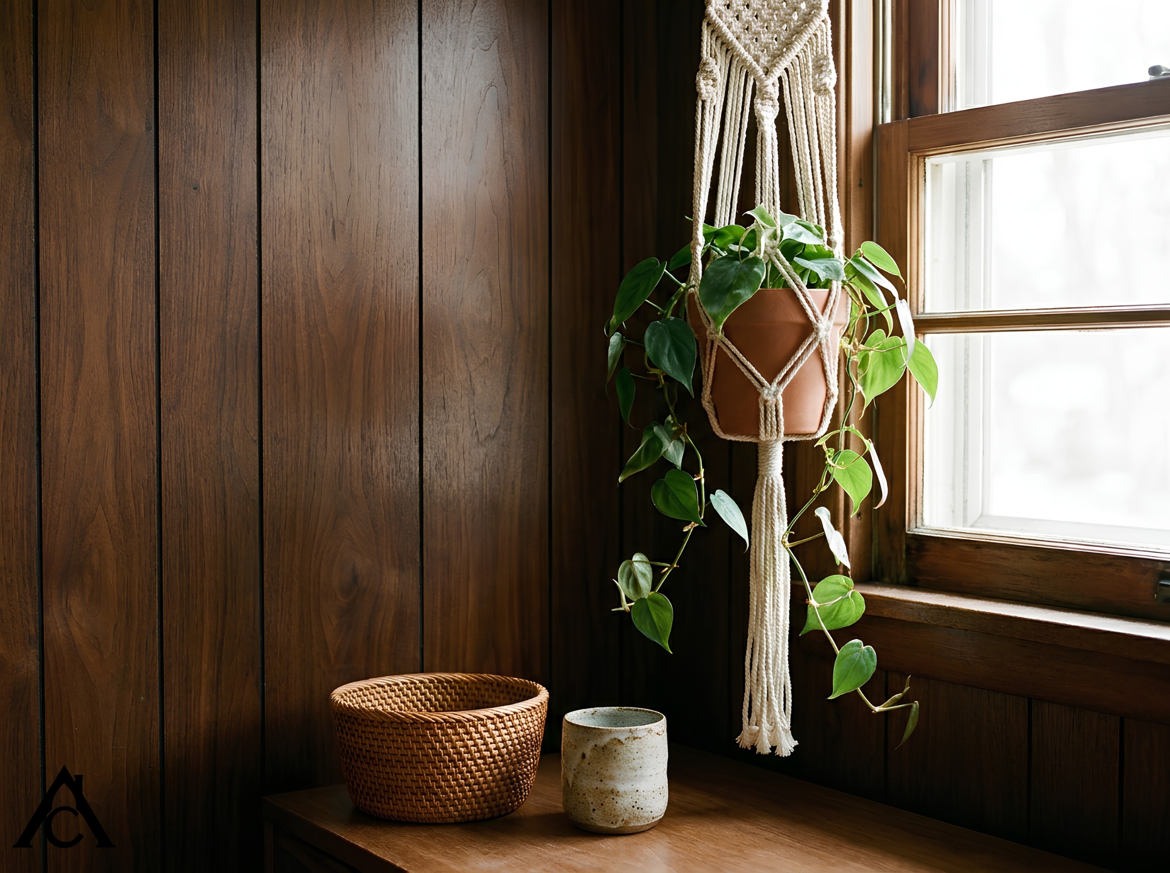 editorial photograph of a corner vignette — dark walnut wood-grain paneling as the backdrop, a macramé plant hanger holding a trailing houseplant in front of a sunlit window, a small woven rattan basket and a handmade ceramic vessel nearby.