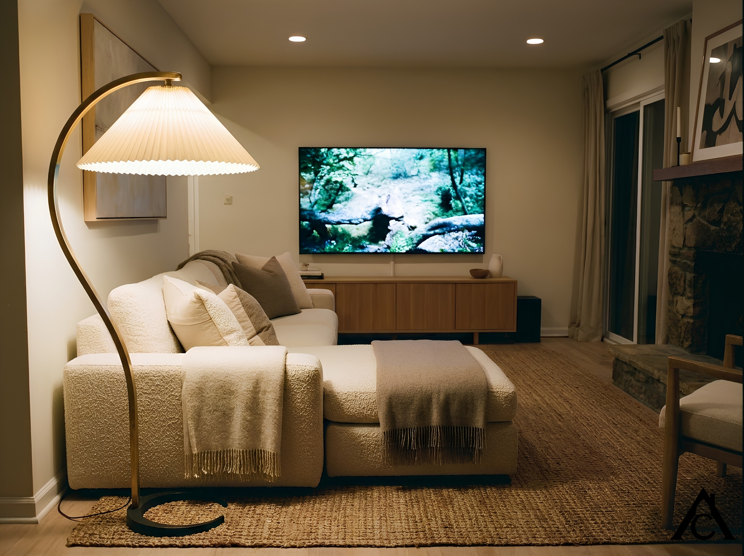 An 80s brass lamp featured in modern (post-2020) layered neutral living room with flat screen tv. Evening, soft lighting. An 80s brass lamp featured in modern (post-2020) layered neutral living room with flat screen tv. Evening, soft lighting.