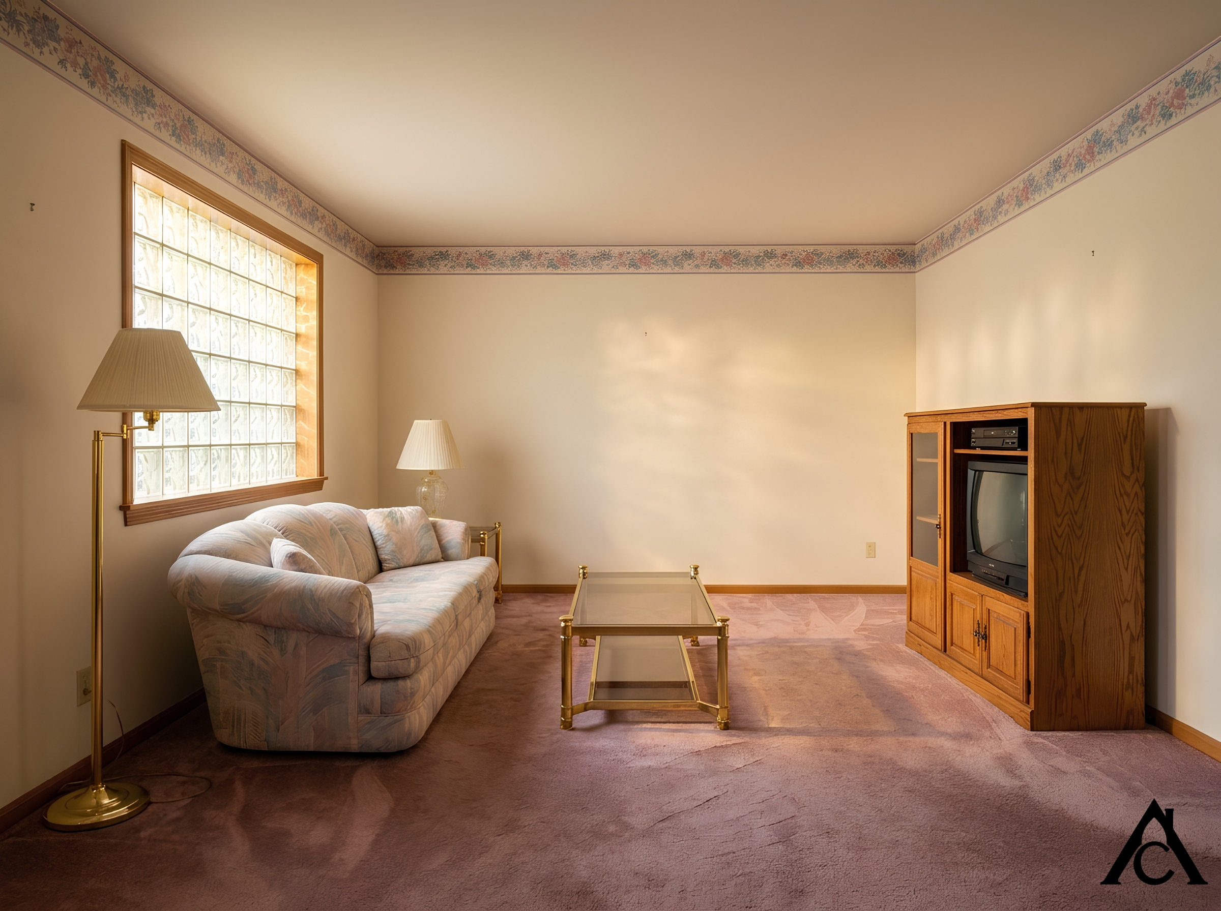 a mid-1980s living room, warm brass fixtures, dusty-rose and mauve carpet, a glass block accent window letting in soft daylight, cream walls with a thin patterned wallpaper border along the ceiling line. a mid-1980s living room, warm brass fixtures, dusty-rose and mauve carpet, a glass block accent window letting in soft daylight, cream walls with a thin patterned wallpaper border along the ceiling line.