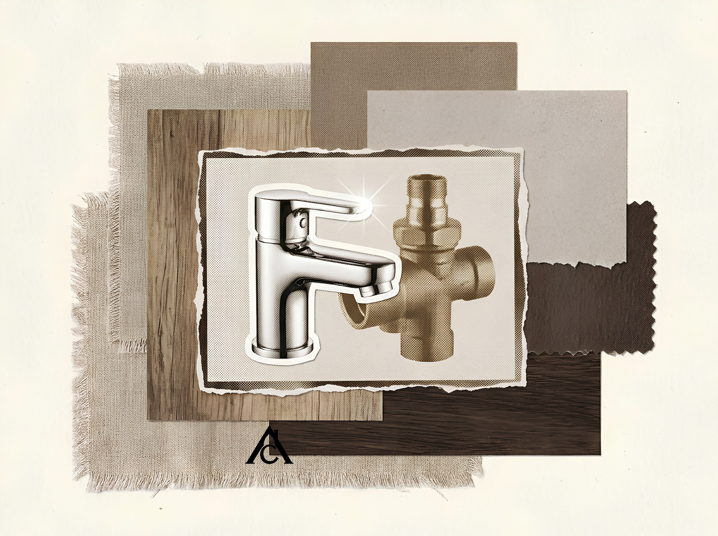 magazine-collage style photo, cream background, layered neutral fabric and wood-grain swatches in warm taupe, greige, and walnut tones, a small polished-chrome faucet cutout with a sharp highlight beside a softly faded brass-fixture silhouette in the same frame magazine-collage style photo, cream background, layered neutral fabric and wood-grain swatches in warm taupe, greige, and walnut tones, a small polished-chrome faucet cutout with a sharp highlight beside a softly faded brass-fixture silhouette in the same frame