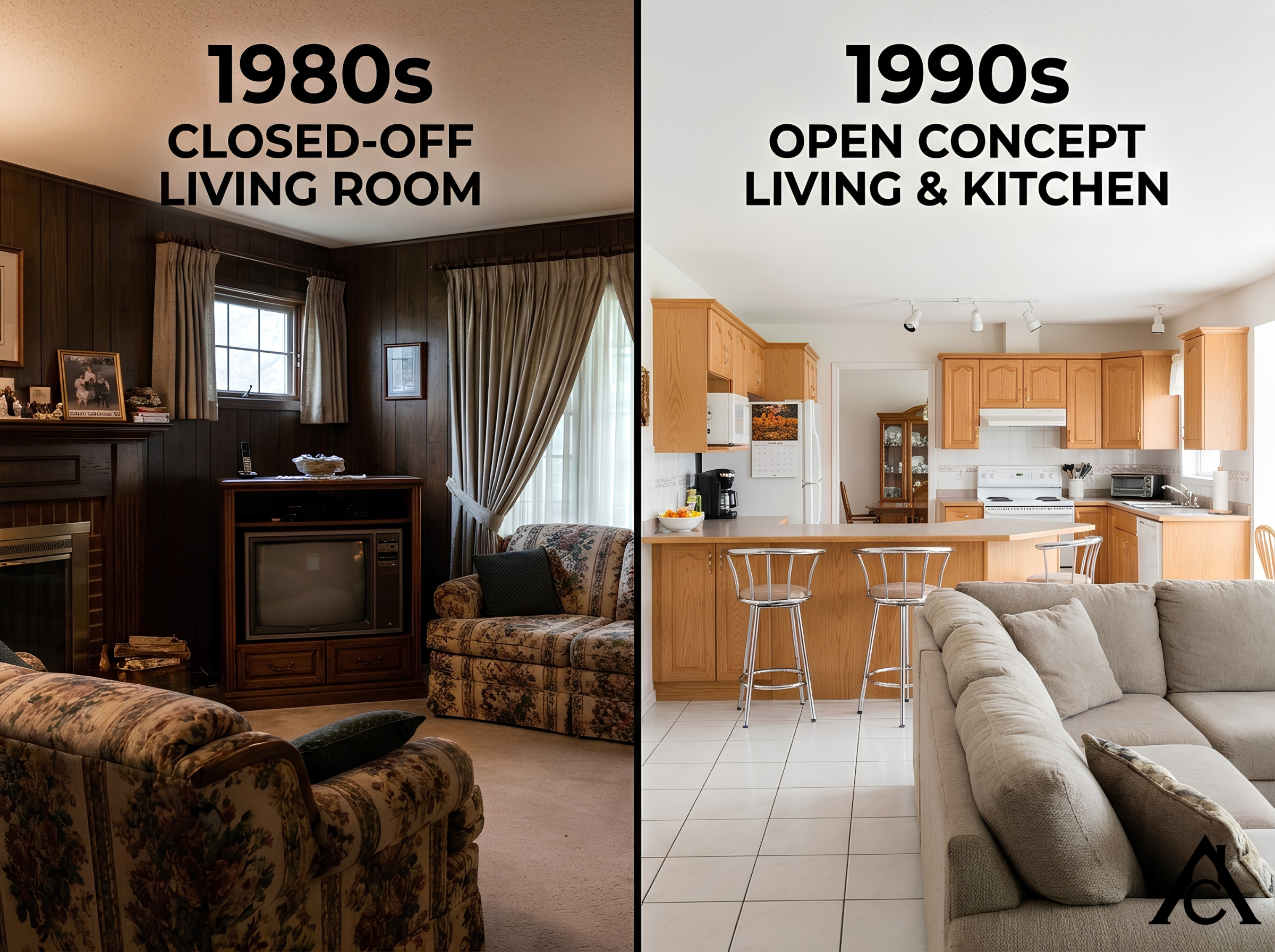 vertical split photo showing the contrast between a closed-off 1980s living room vs a 1990s open concept living room with kitchen. vertical split photo showing the contrast between a closed-off 1980s living room vs a 1990s open concept living room with kitchen.