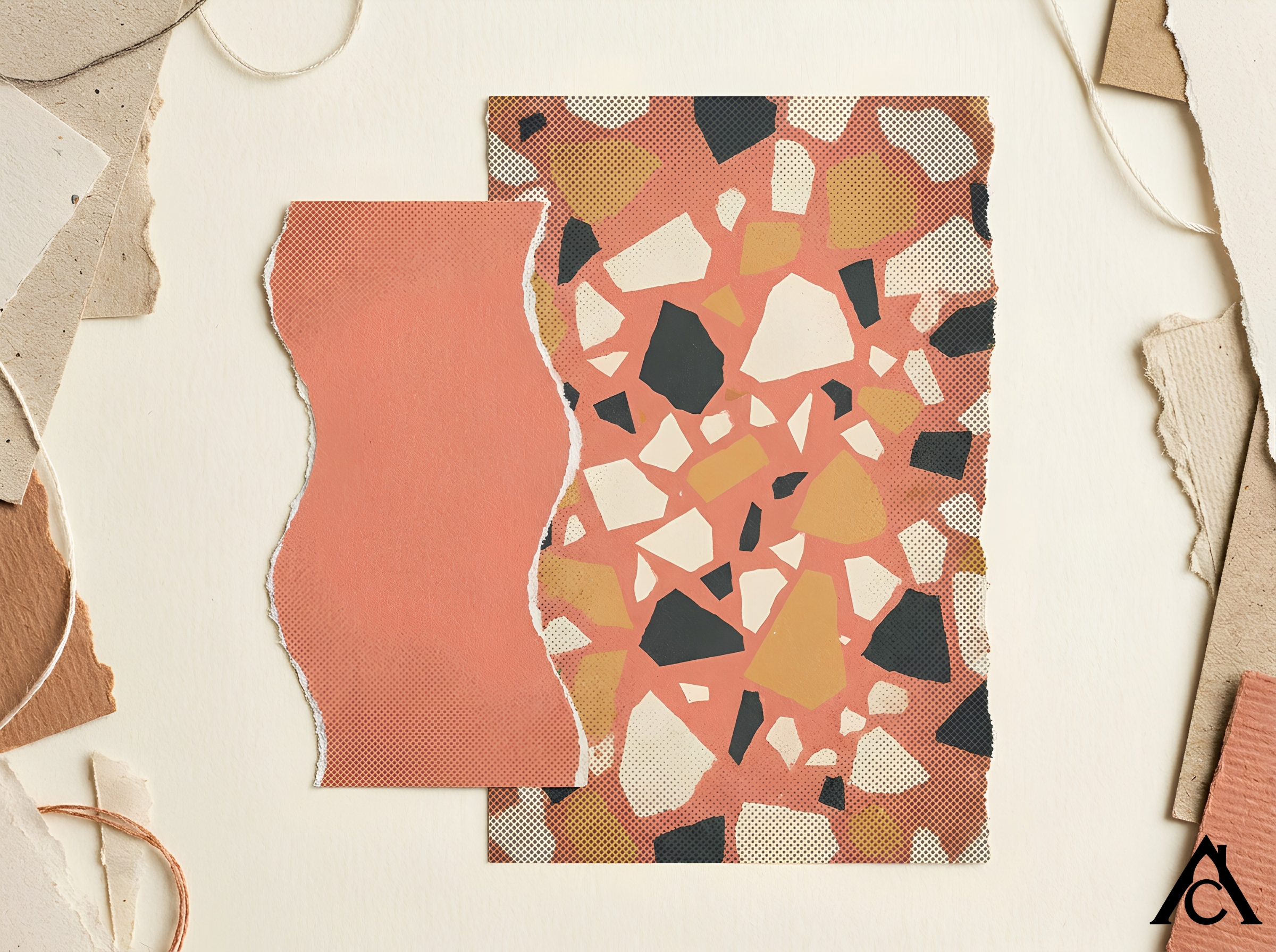 magazine-collage style photo, cream background, a single asymmetrical squiggle-shaped paper cutout beside a geometric terrazzo-pattern swatch, muted-coral accent color, torn paper edges, halftone texture magazine-collage style photo, cream background, a single asymmetrical squiggle-shaped paper cutout beside a geometric terrazzo-pattern swatch, muted-coral accent color, torn paper edges, halftone texture