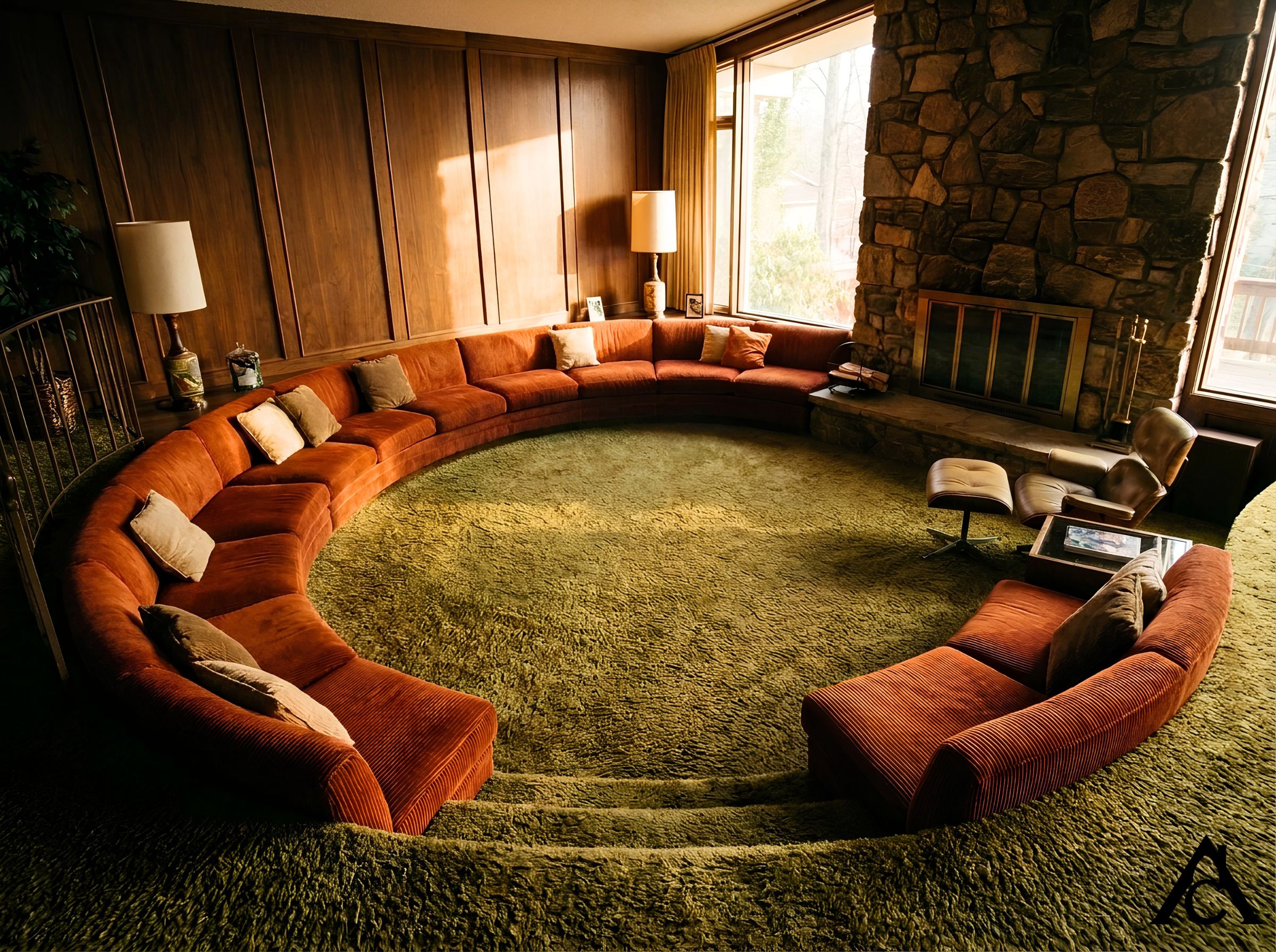wide interior shot of a 1970s sunken living room seen from the top step, warm walnut and burnt-orange tones, olive shag carpet, a curved built-in sofa wrapping the perimeter, soft late-afternoon light through a window