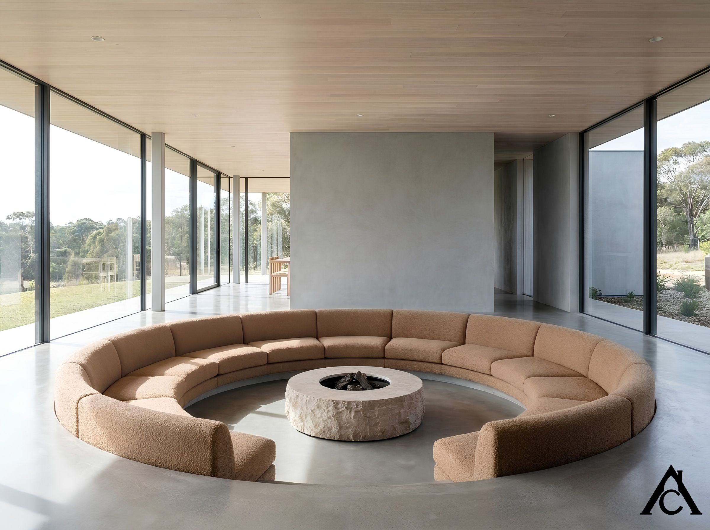 contemporary interior shot of a generic, invented modern home — not based on any specific real residence — featuring a large circular sunken lounge wrapped in one continuous curved sofa, floor-to-ceiling glass walls, cool neutral tones with a warm upholstery accent, bright daylight
