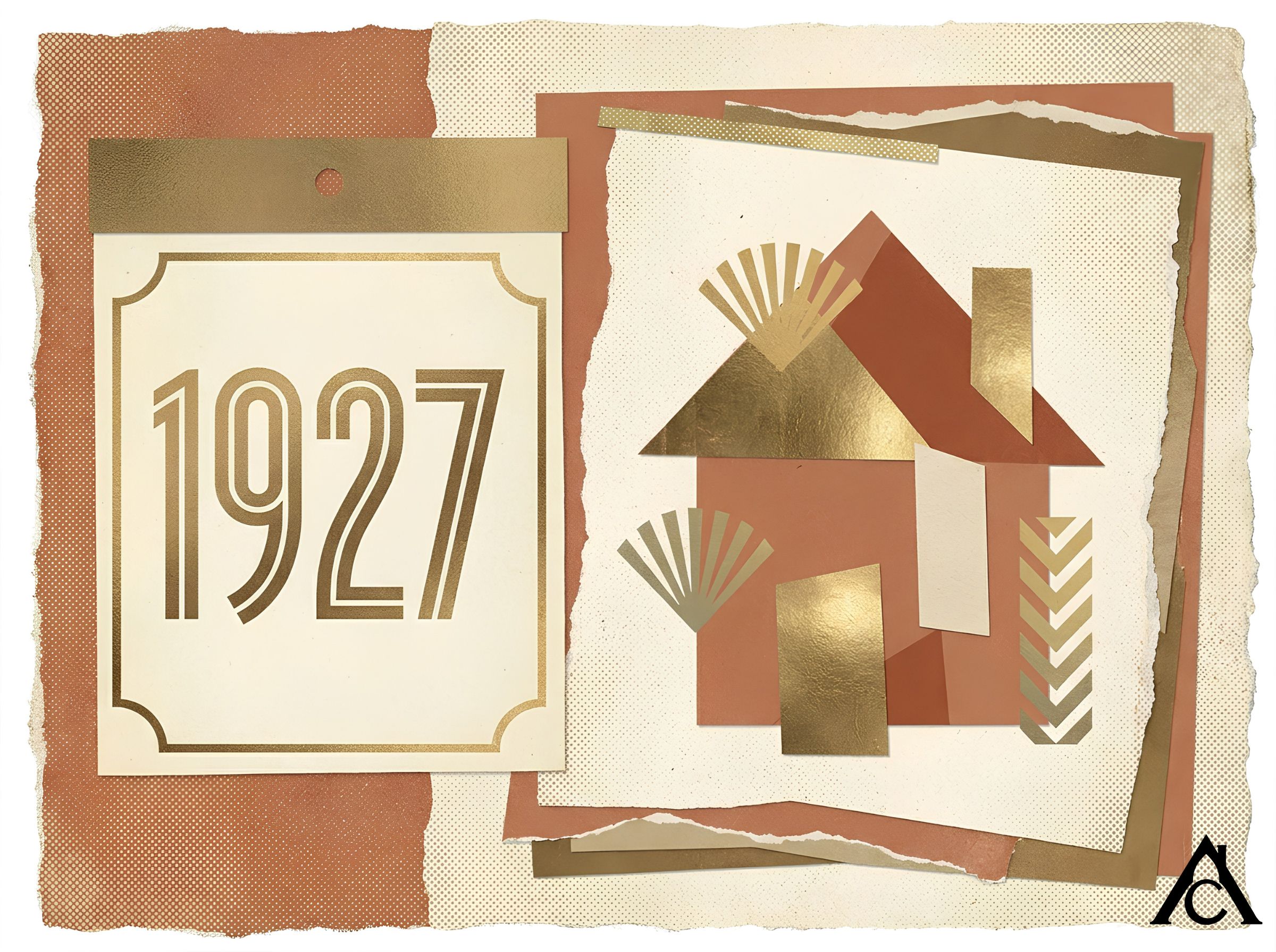 A magazine-collage style illustration in cream, terracotta, and brass tones with Art Deco geometric shapes — a single calendar page reading "1927" beside a simplified geometric house silhouette, torn-paper edges, halftone texture