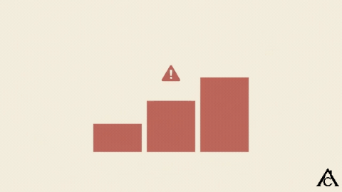 a simple three-step icon with a small warning-triangle symbol hovering above the middle step