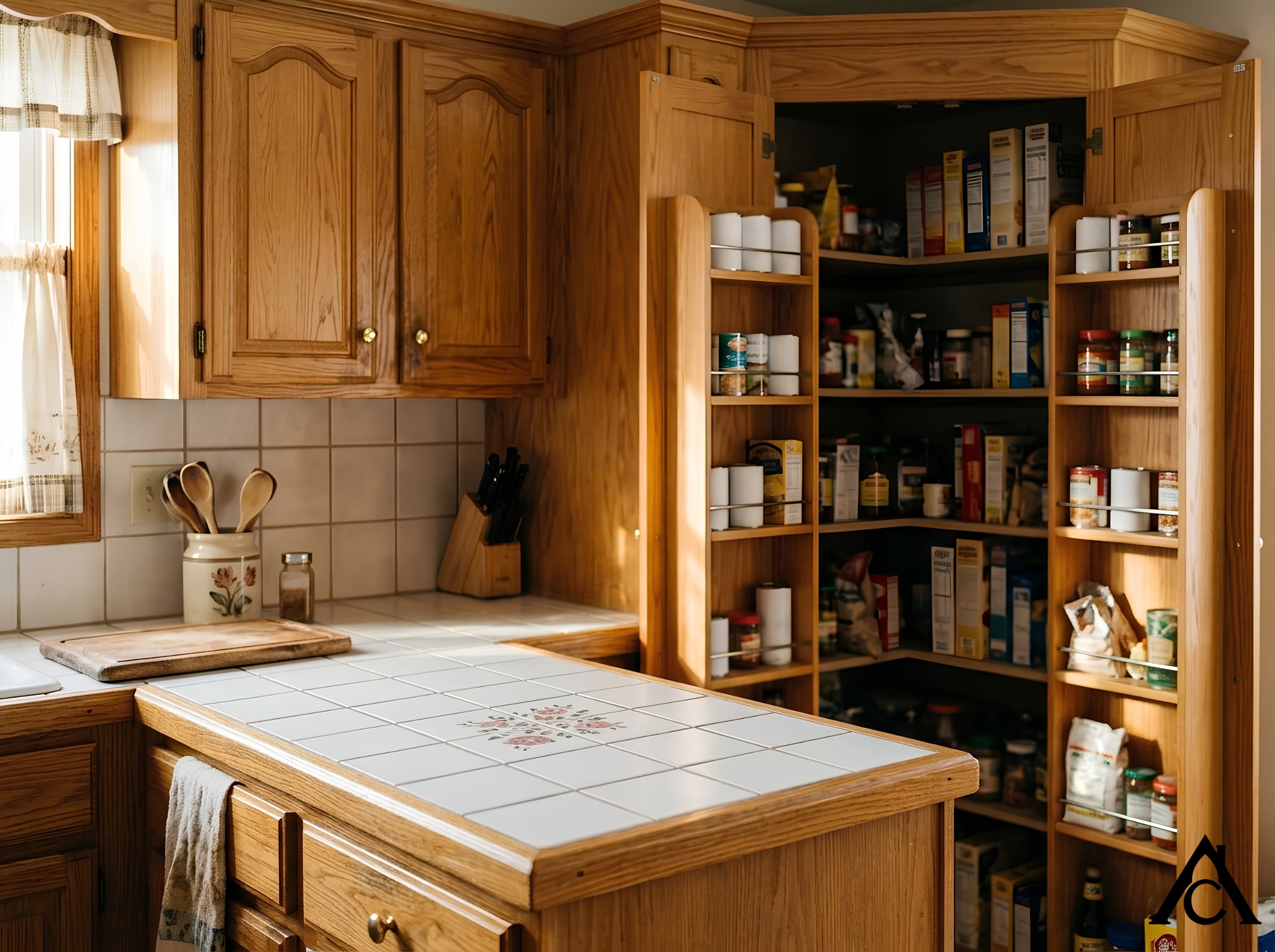 Close-up of a 1980s kitchen corner with a white tile countertop and honey oak edge trim, one floral accent tile, honey oak arched cabinets with brass knobs, and a tall oak pantry whose open doors hold fold-out shelves of cans and boxes. Close-up of a 1980s kitchen corner with a white tile countertop and honey oak edge trim, one floral accent tile, honey oak arched cabinets with brass knobs, and a tall oak pantry whose open doors hold fold-out shelves of cans and boxes.
