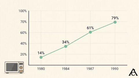 Line chart of U.S. households with a microwave oven, rising from 14 percent in 1980 to 34 percent in 1984, 61 percent in 1987 and 79 percent in 1990, with small microwave icons stacking under the line. Line chart of U.S. households with a microwave oven, rising from 14 percent in 1980 to 34 percent in 1984, 61 percent in 1987 and 79 percent in 1990, with small microwave icons stacking under the line.