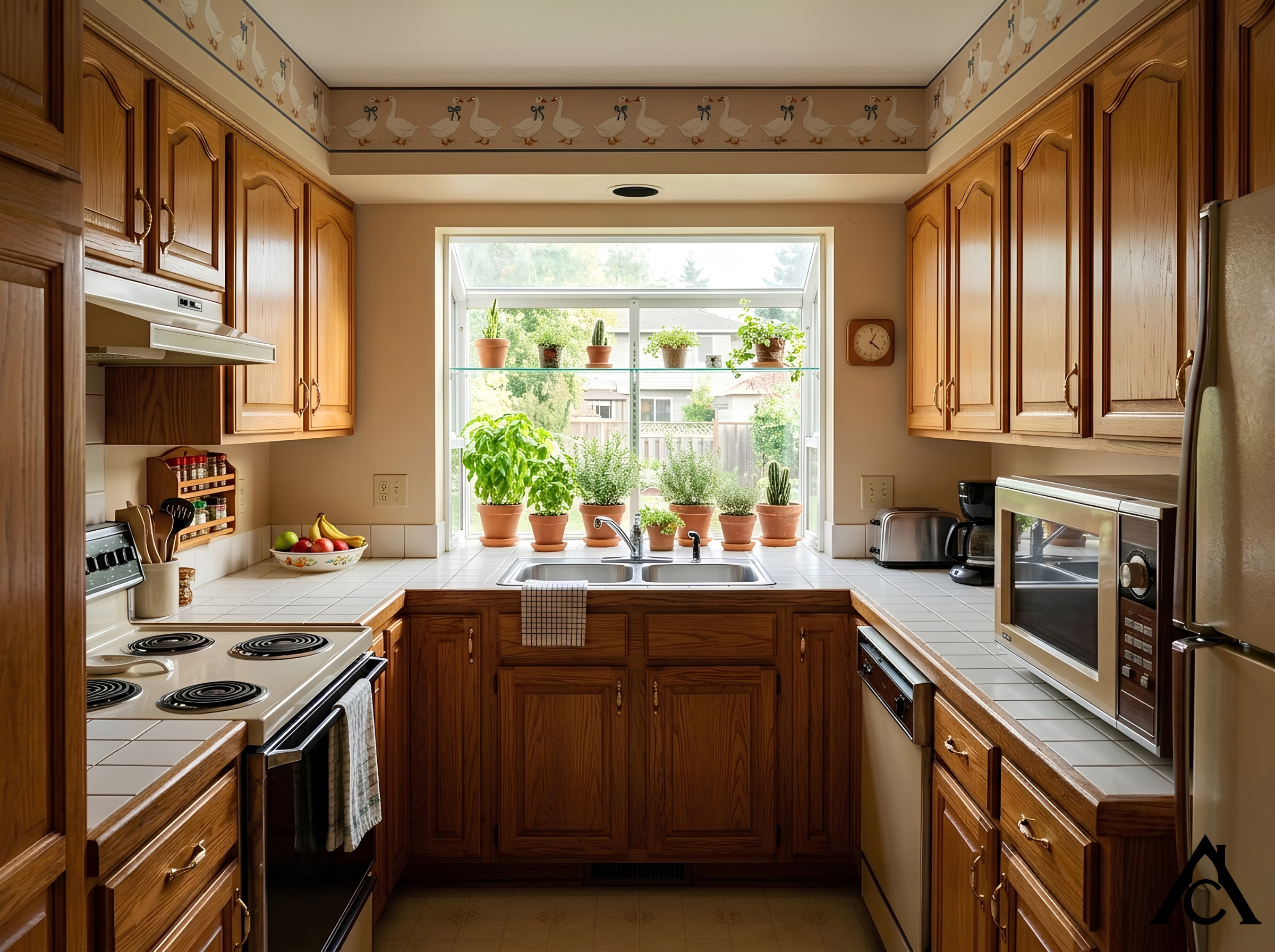 A 1980s kitchen with honey oak cabinets, white tile countertops, an almond refrigerator, a large countertop microwave, a greenhouse window full of herbs over the sink, and a wallpaper border of geese in blue bows near the ceiling, lit by warm afternoon sun. A 1980s kitchen with honey oak cabinets, white tile countertops, an almond refrigerator, a large countertop microwave, a greenhouse window full of herbs over the sink, and a wallpaper border of geese in blue bows near the ceiling, lit by warm afternoon sun.
