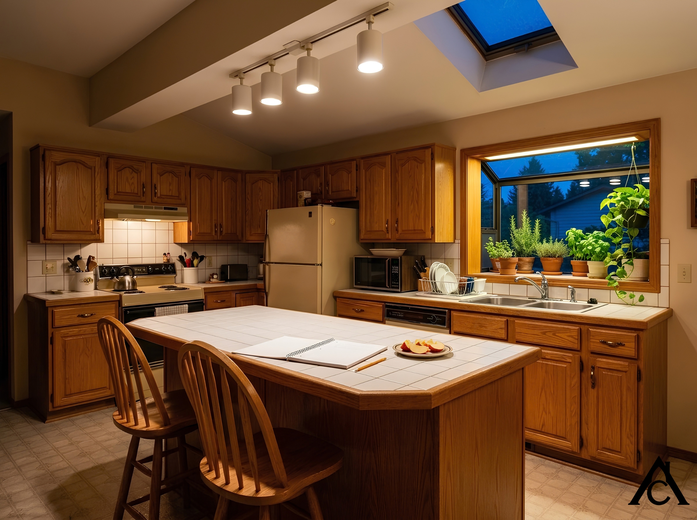 A late-1980s kitchen at dusk with a honey oak peninsula, two barstools, a notebook, pencil and apple slices on the tile counter, track lights overhead, a skylight, and a greenhouse window of herbs glowing above the sink. A late-1980s kitchen at dusk with a honey oak peninsula, two barstools, a notebook, pencil and apple slices on the tile counter, track lights overhead, a skylight, and a greenhouse window of herbs glowing above the sink.