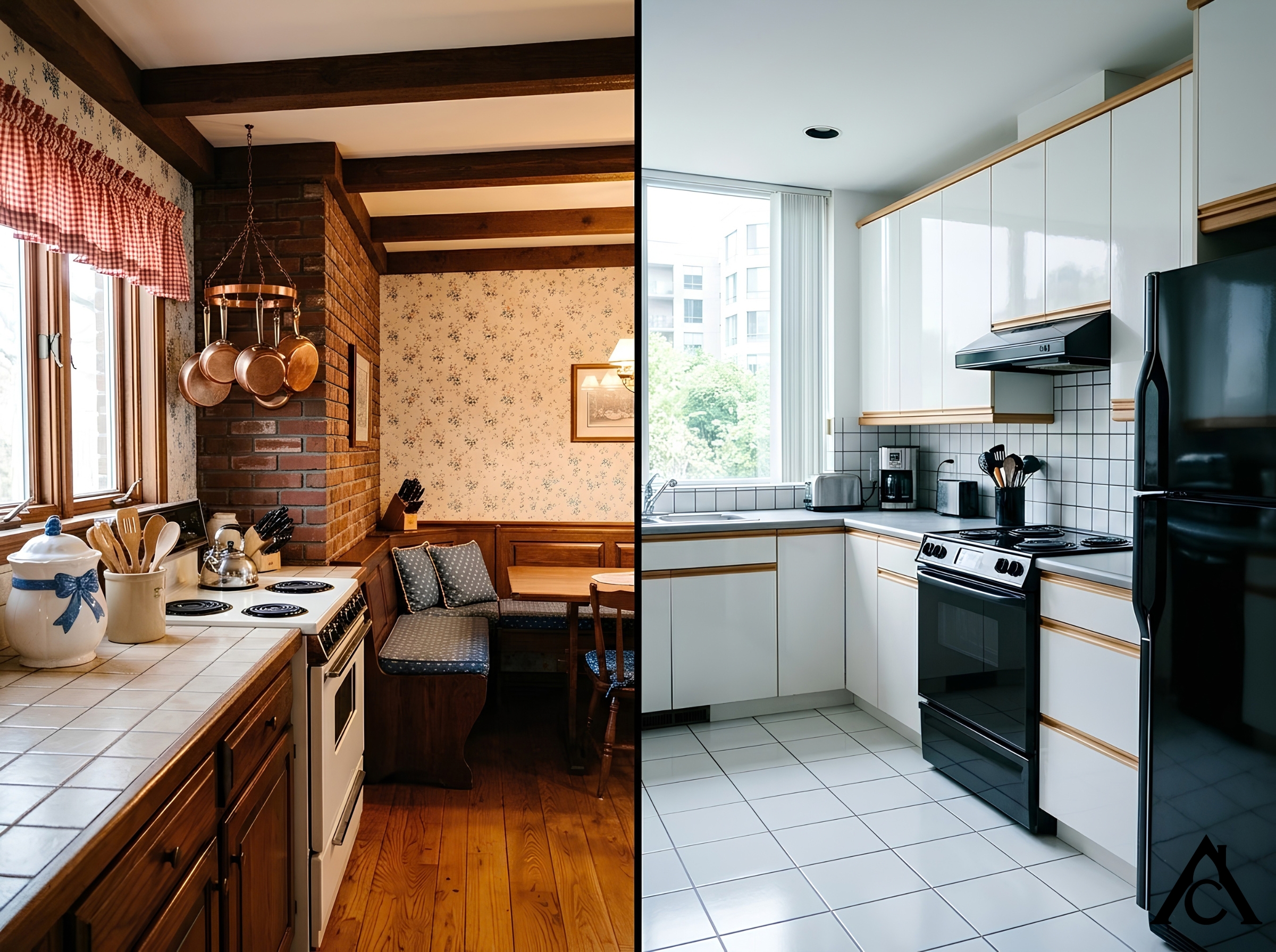 Two 1980s kitchens side by side: on the left, a cozy country kitchen with wood beams, a banquette, floral wallpaper, a gingham curtain, brick, and a goose canister; on the right, a sleek white European kitchen with handleless slab cabinets and a black refrigerator. Two 1980s kitchens side by side: on the left, a cozy country kitchen with wood beams, a banquette, floral wallpaper, a gingham curtain, brick, and a goose canister; on the right, a sleek white European kitchen with handleless slab cabinets and a black refrigerator.