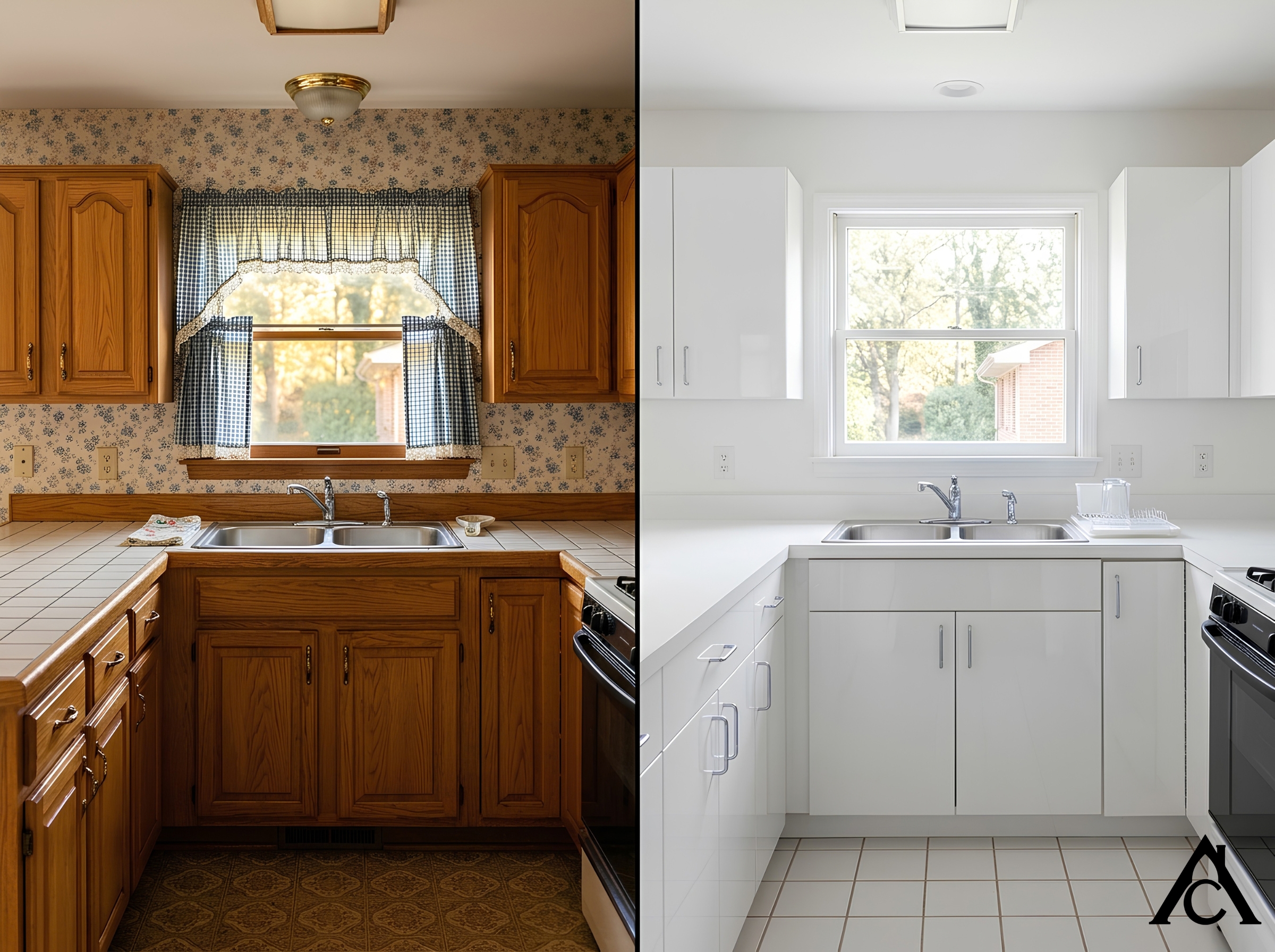 Split view of one kitchen: on the left, honey oak cabinets, tile counters, floral wallpaper and a gingham curtain in warm light; on the right, the same room turned all white with glossy slab cabinets, bare walls and a white tile floor. Split view of one kitchen: on the left, honey oak cabinets, tile counters, floral wallpaper and a gingham curtain in warm light; on the right, the same room turned all white with glossy slab cabinets, bare walls and a white tile floor.