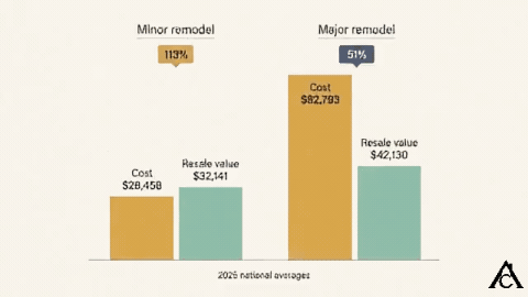 Chart of 2025 national averages: a minor kitchen remodel cost $28,458 and added $32,141 in resale value, recouping 113 percent, while a major remodel cost $82,793 and added $42,130, recouping 51 percent. Chart of 2025 national averages: a minor kitchen remodel cost $28,458 and added $32,141 in resale value, recouping 113 percent, while a major remodel cost $82,793 and added $42,130, recouping 51 percent.