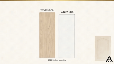 Bar chart of 2026 kitchen remodels showing wood cabinets at 29 percent narrowly ahead of white at 28 percent, with wood up six points and white down five from the year before, and a faded 1980s oak cabinet door in the corner. Bar chart of 2026 kitchen remodels showing wood cabinets at 29 percent narrowly ahead of white at 28 percent, with wood up six points and white down five from the year before, and a faded 1980s oak cabinet door in the corner.