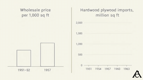 Animated two-part chart: imported plywood's wholesale price falling from $125 to $70 per thousand square feet between 1951–52 and 1957, and U.S. hardwood plywood imports climbing from 56 million to 1.58 billion square feet by 1963.
