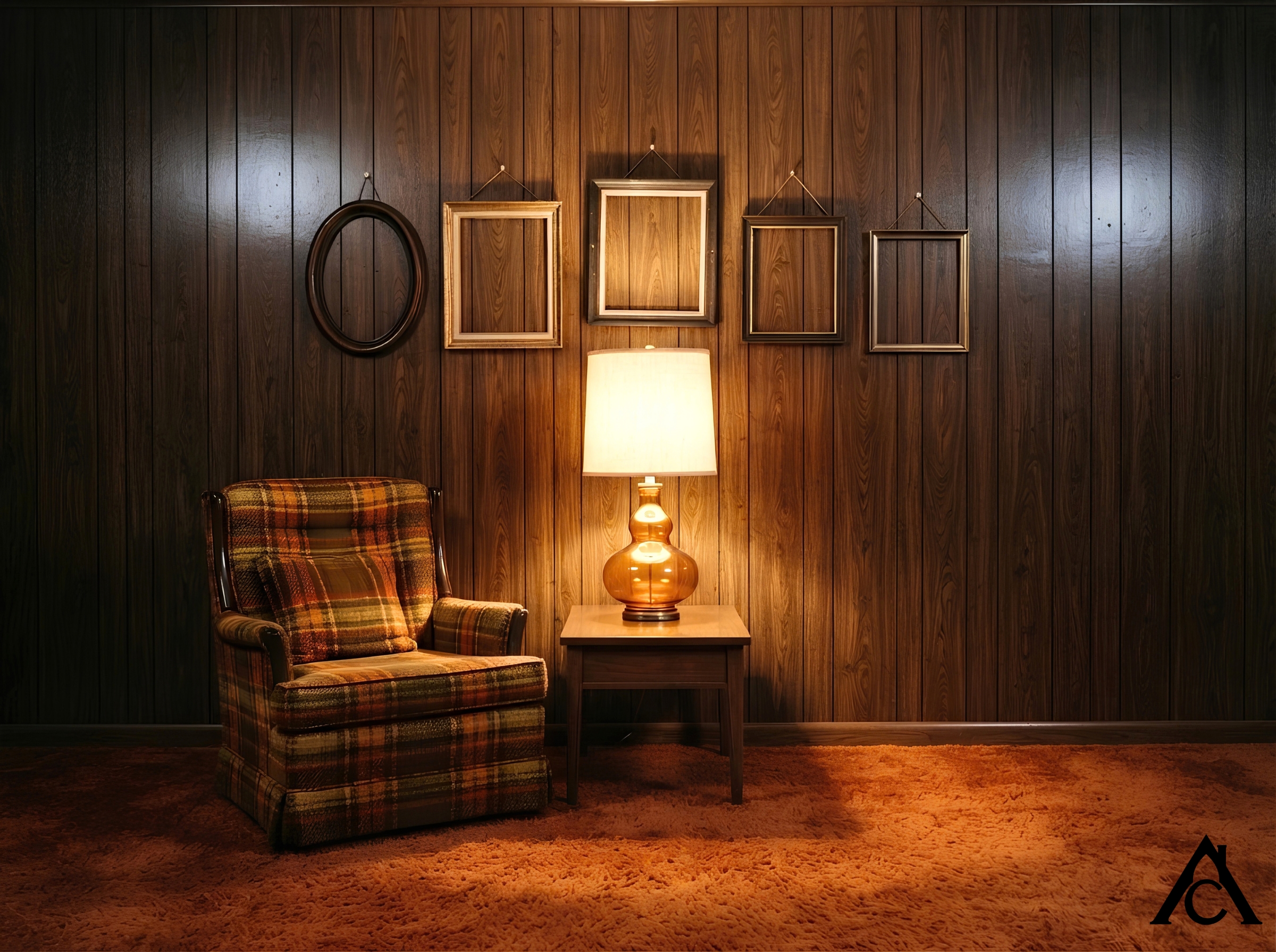 A 1970s den with a dark, glossy, grooved wood-paneled wall, a plaid armchair, a glowing amber lamp, and a slightly crooked row of empty picture frames above burnt-orange shag carpet.