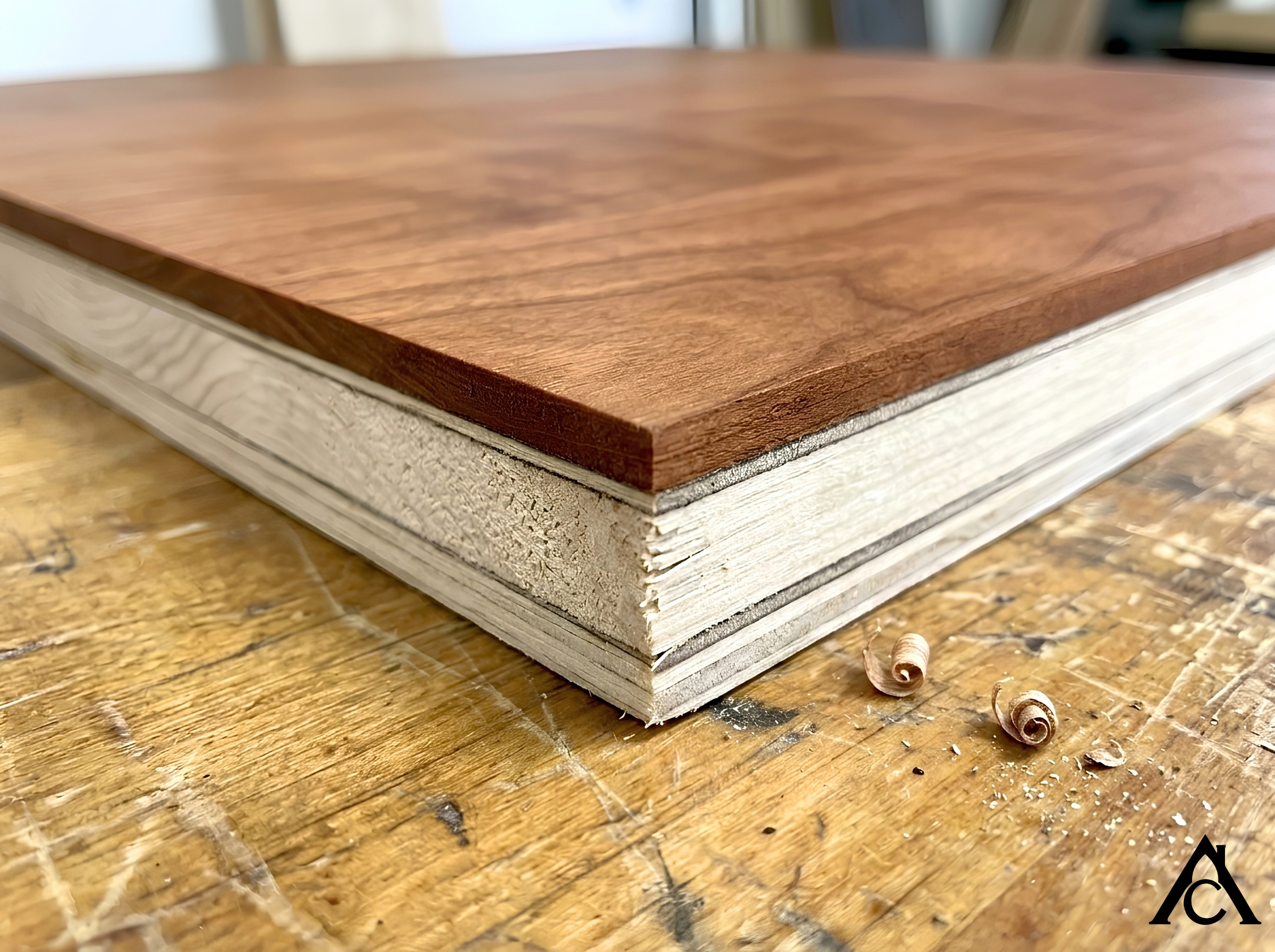 Macro view of a plywood sheet's edge on a workbench, showing two pale glued layers under one thin reddish-brown face veneer with a smooth, figured grain.
