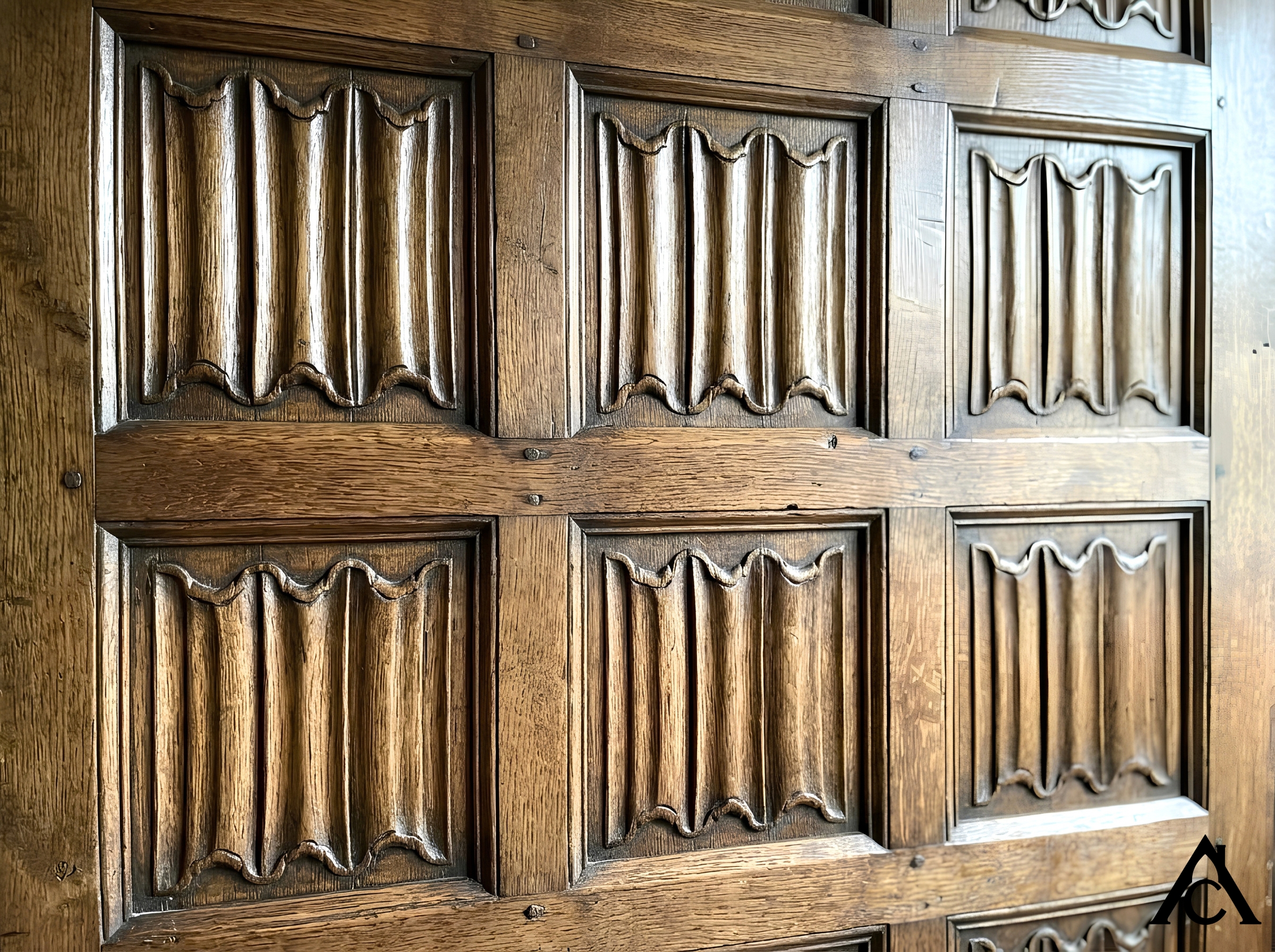 Close-up of aged oak wall paneling carved in a linenfold pattern, six square panels with pleat-like vertical folds set in a pegged oak frame, lit by cool daylight from the left.