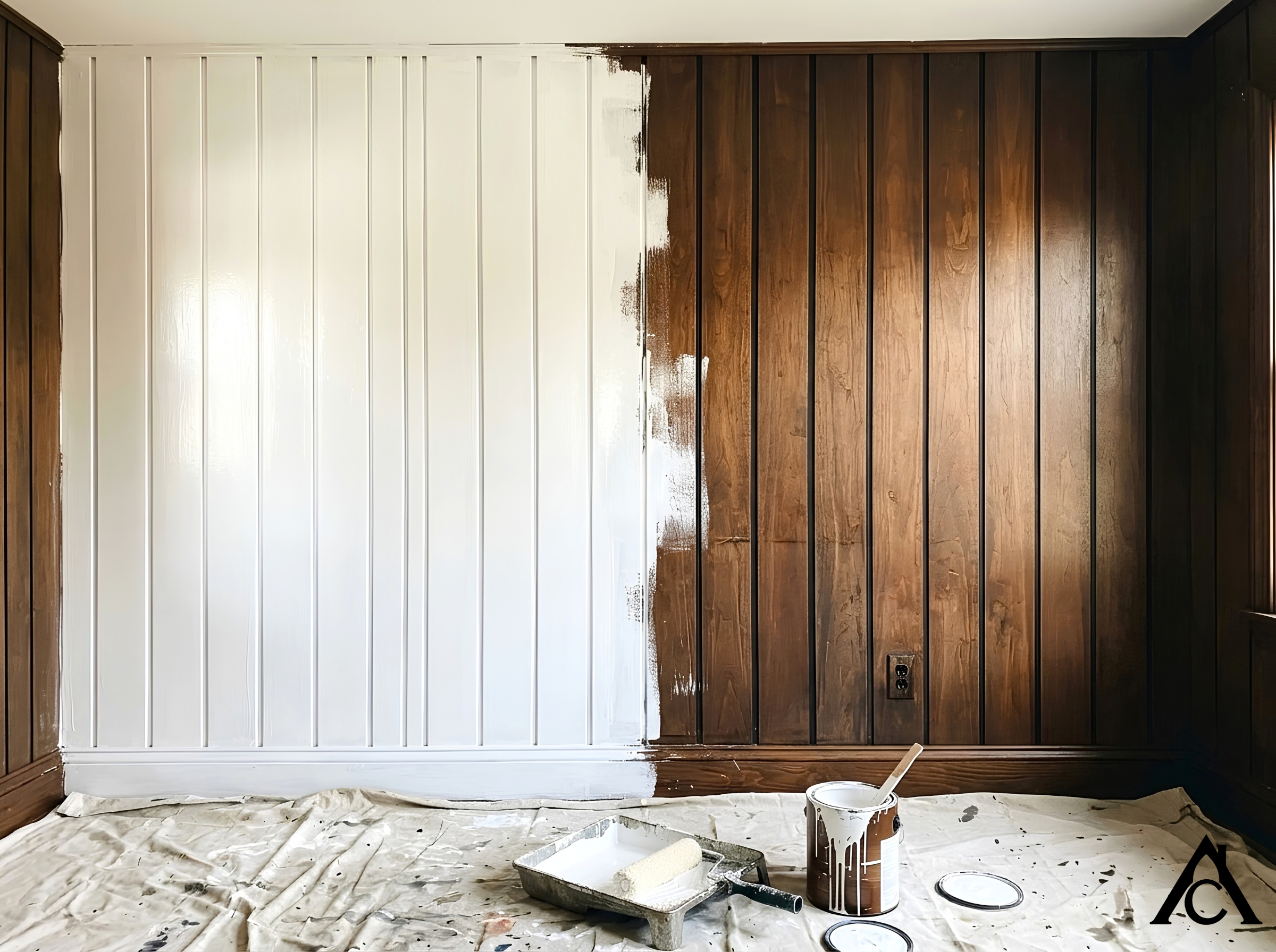 A grooved wood-paneled wall half painted white and half still dark brown, with a paint tray, roller, and unlabeled paint can on a drop cloth below.