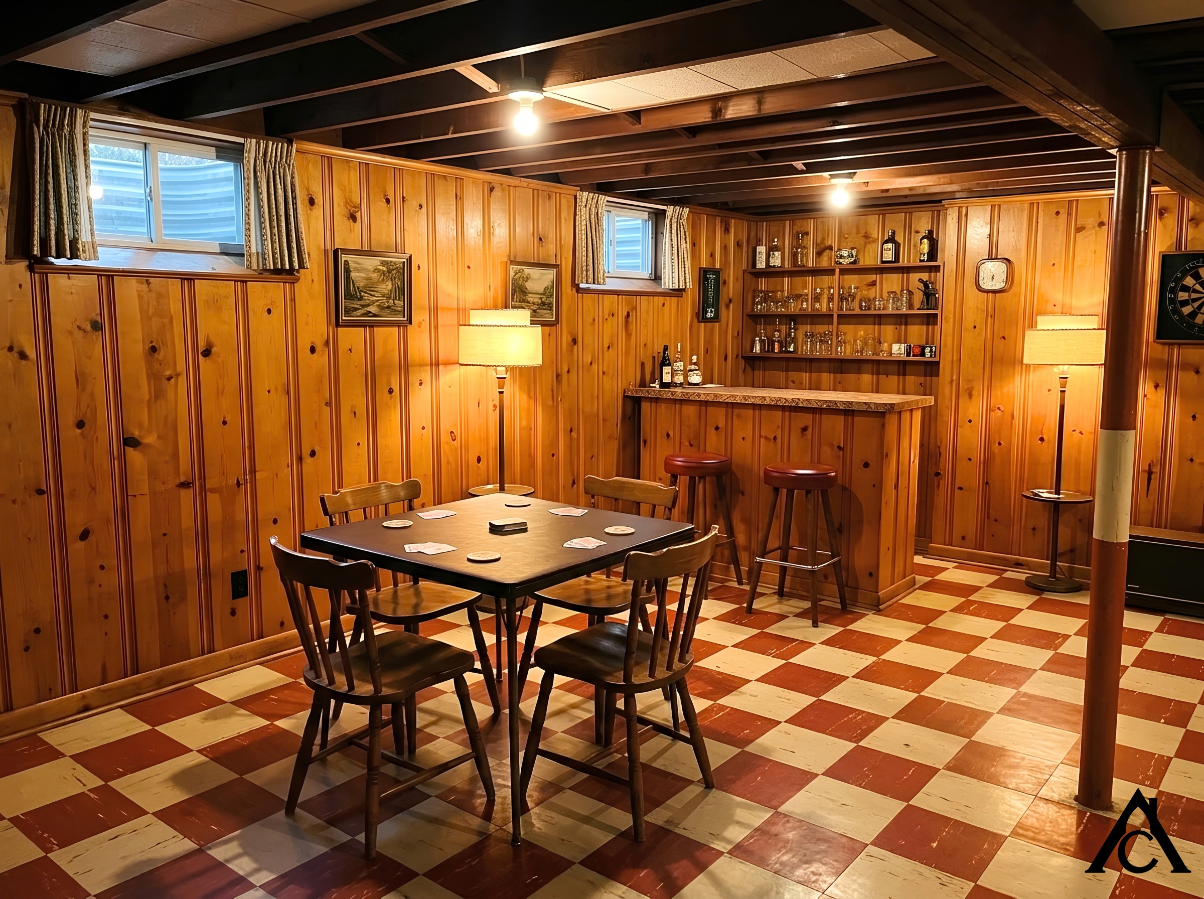A circa-1960 basement rec room with golden knotty pine walls, a cream-and-red checkerboard floor, a card table with four chairs, a small built-in bar, and a beamed ceiling.